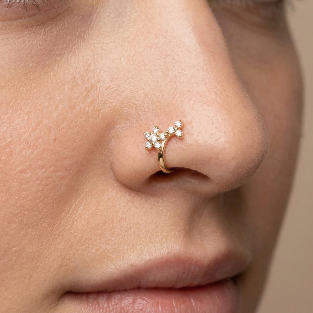 10K Solid Gold CZ Nose Ring - Cubic zirconia, Yellow gold, Solid gold
