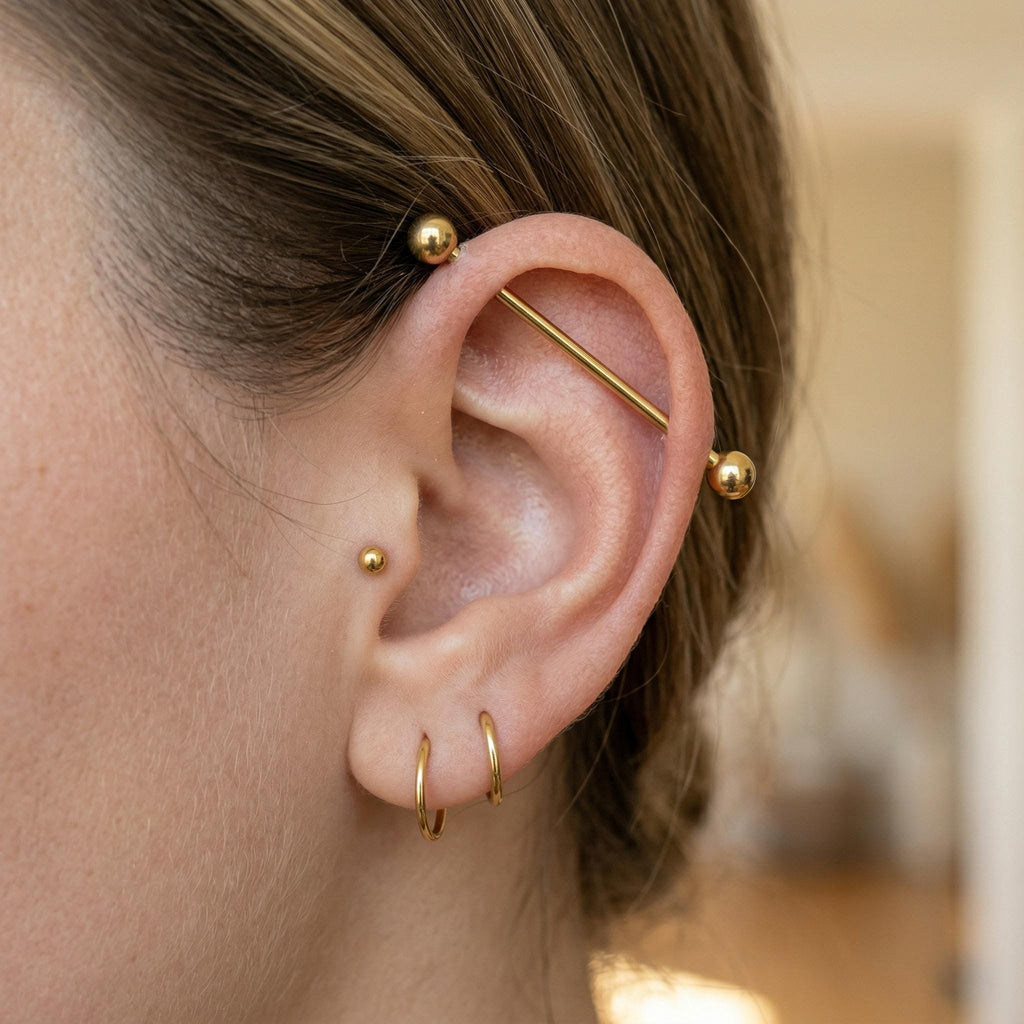 10K Solid Gold Industrial Barbell - Yellow gold, Solid gold, 10k