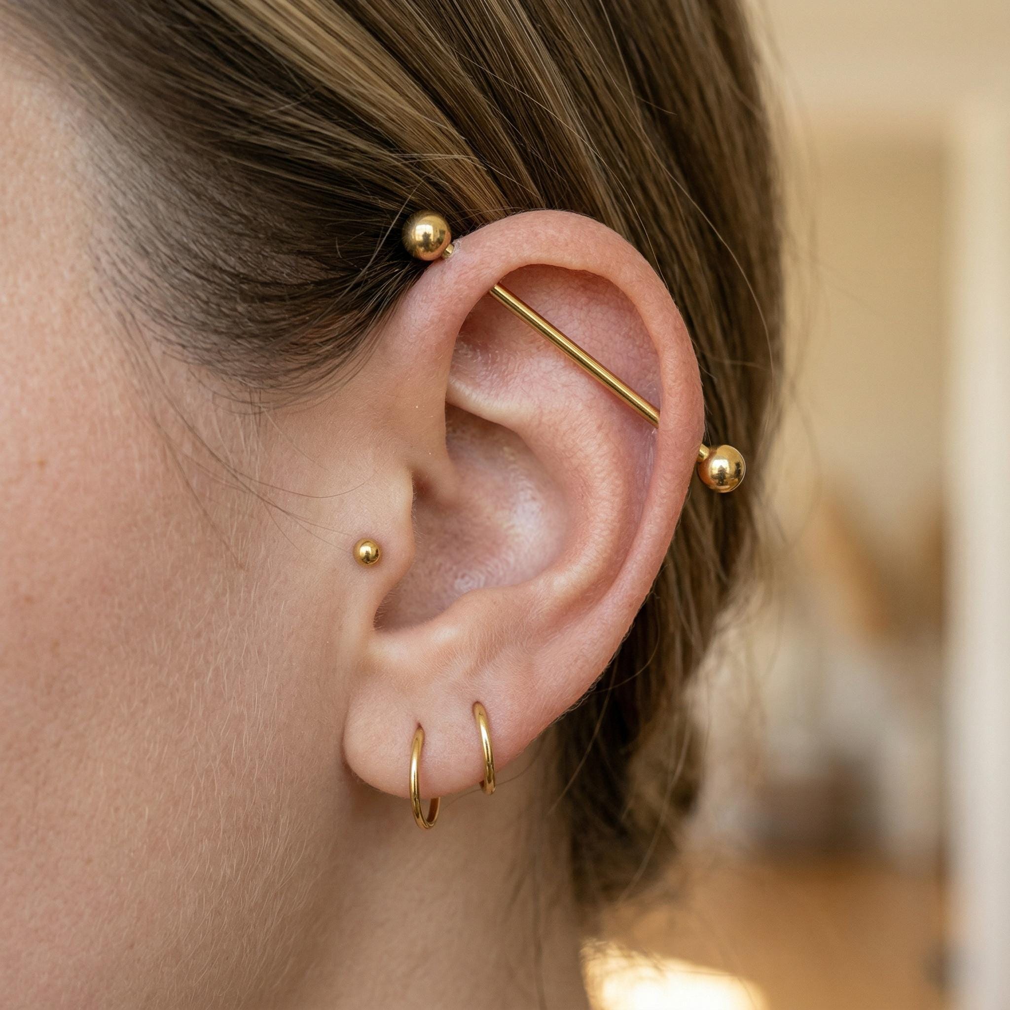 10K Solid Gold Industrial Barbell - Yellow gold, Solid gold, 10k