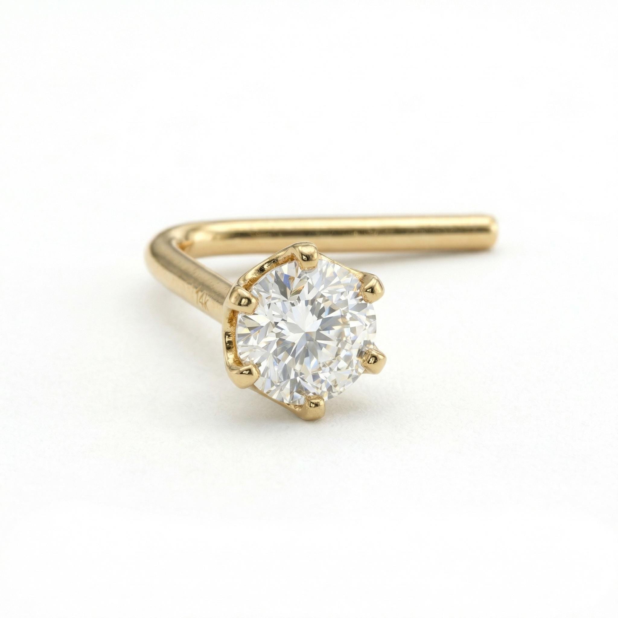 14K Solid Gold Nose Stud - Cubic zirconia, Yellow gold, Solid gold