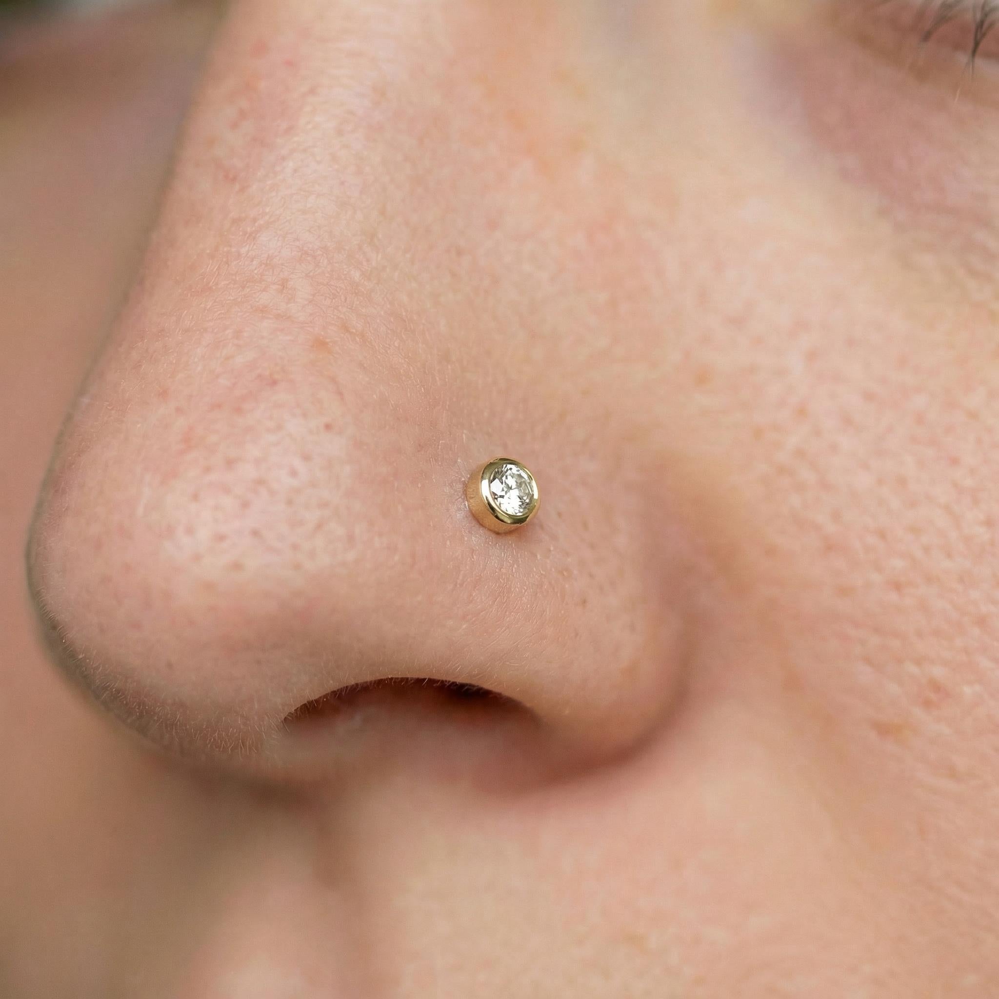 14K Solid Gold Bezel Nose Stud - Cubic zirconia, Yellow gold, Solid gold