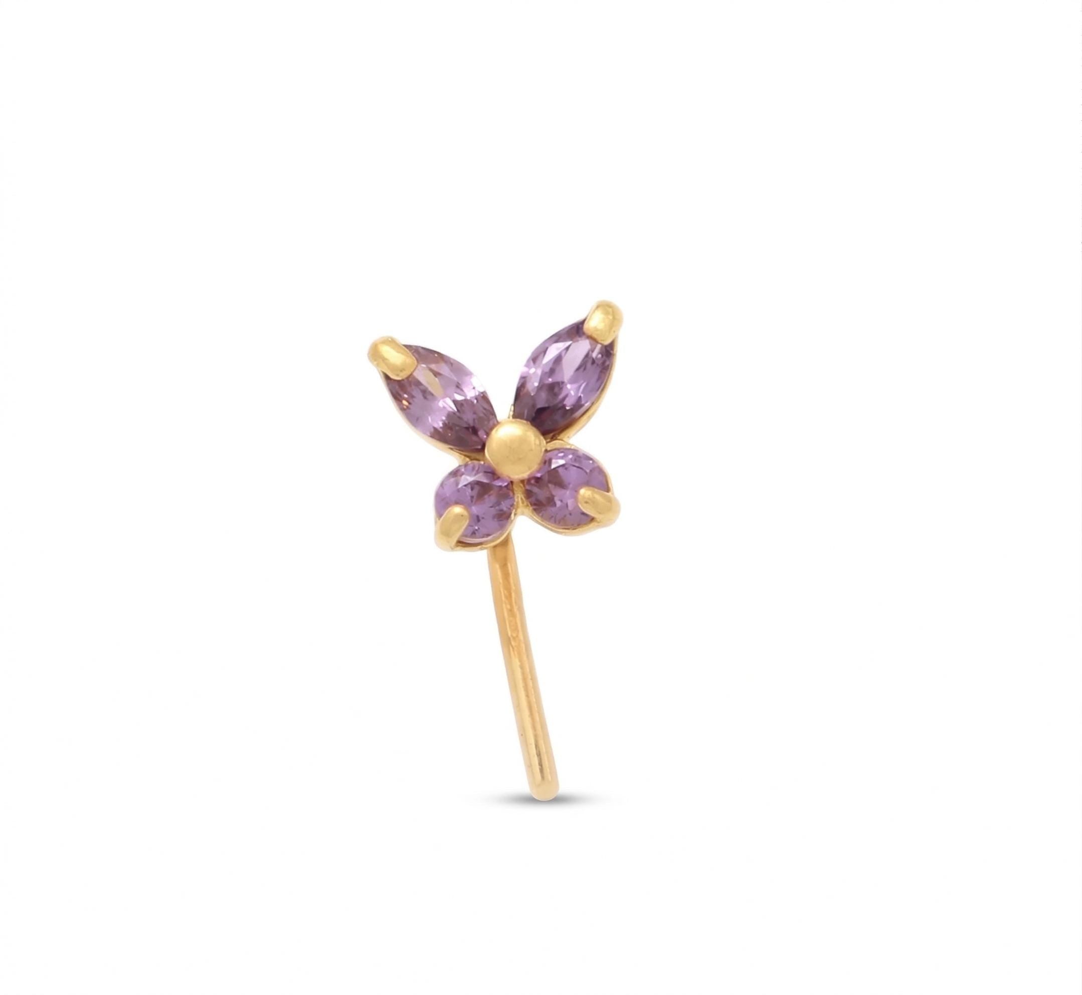 14K Solid Gold Nose Stud - Cubic zirconia, Yellow gold, Solid gold