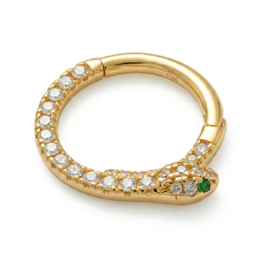 10K Solid Gold Snake Daith Ring - Cubic zirconia, Yellow gold, Solid gold