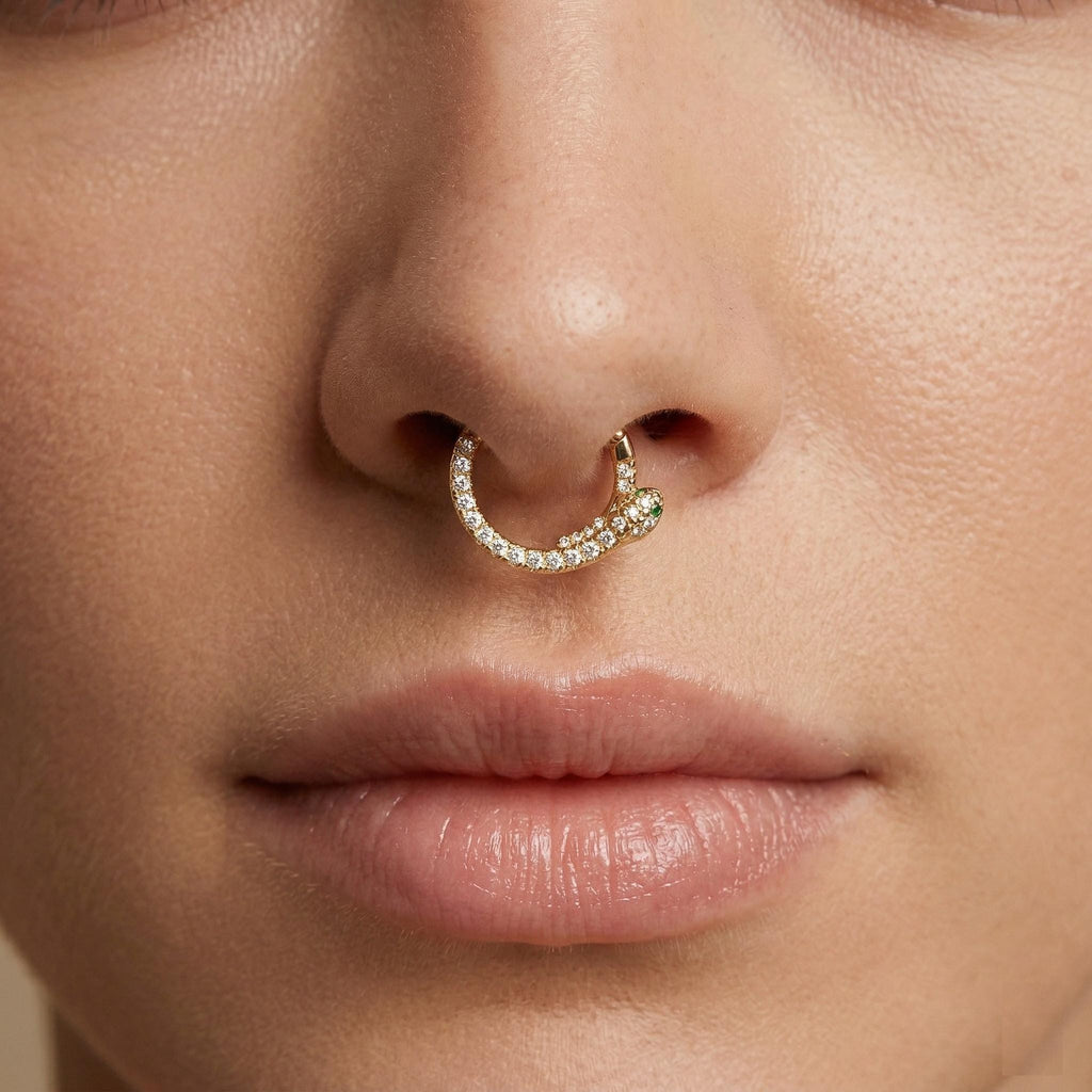 10K Solid Gold Snake Daith Ring - Cubic zirconia, Yellow gold, Solid gold