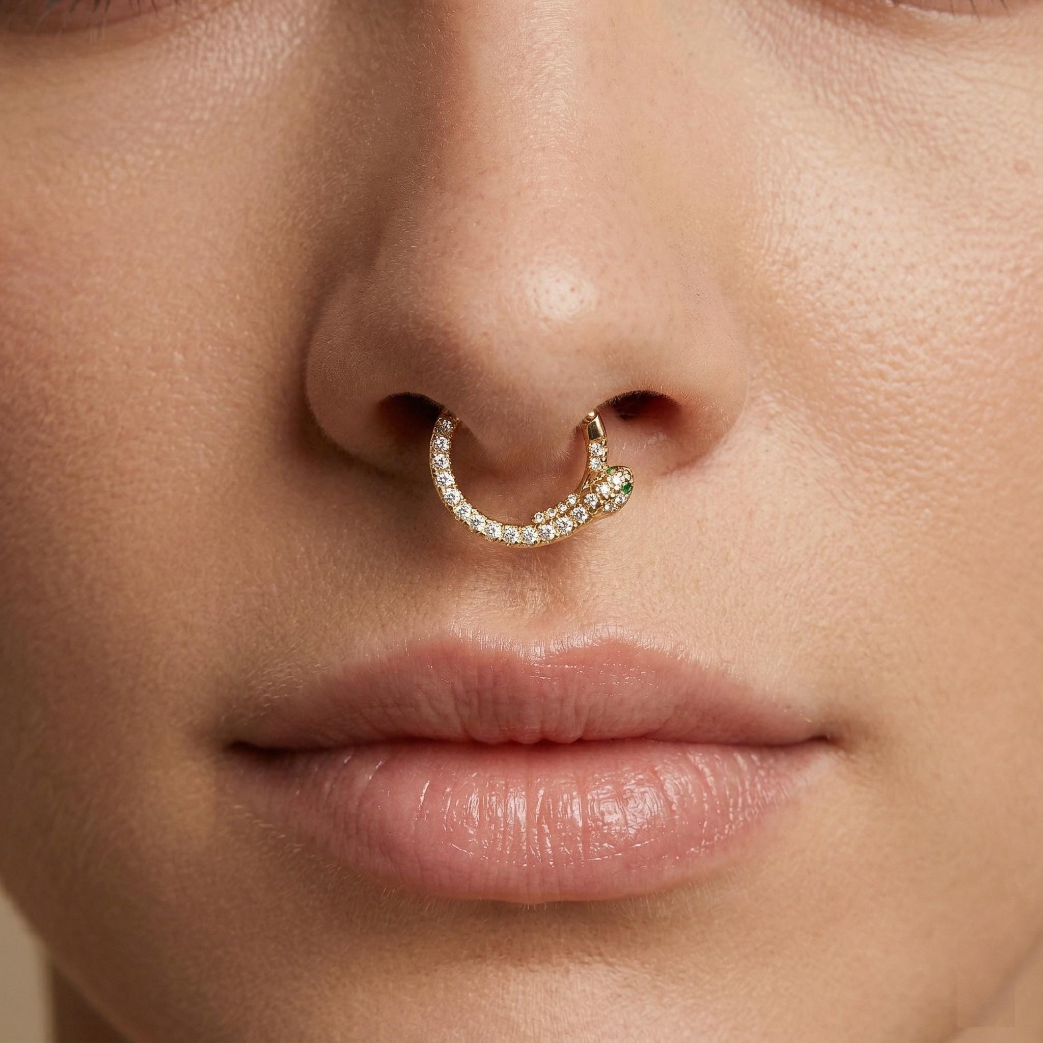 10K Solid Gold Snake Daith Ring - Cubic zirconia, Yellow gold, Solid gold