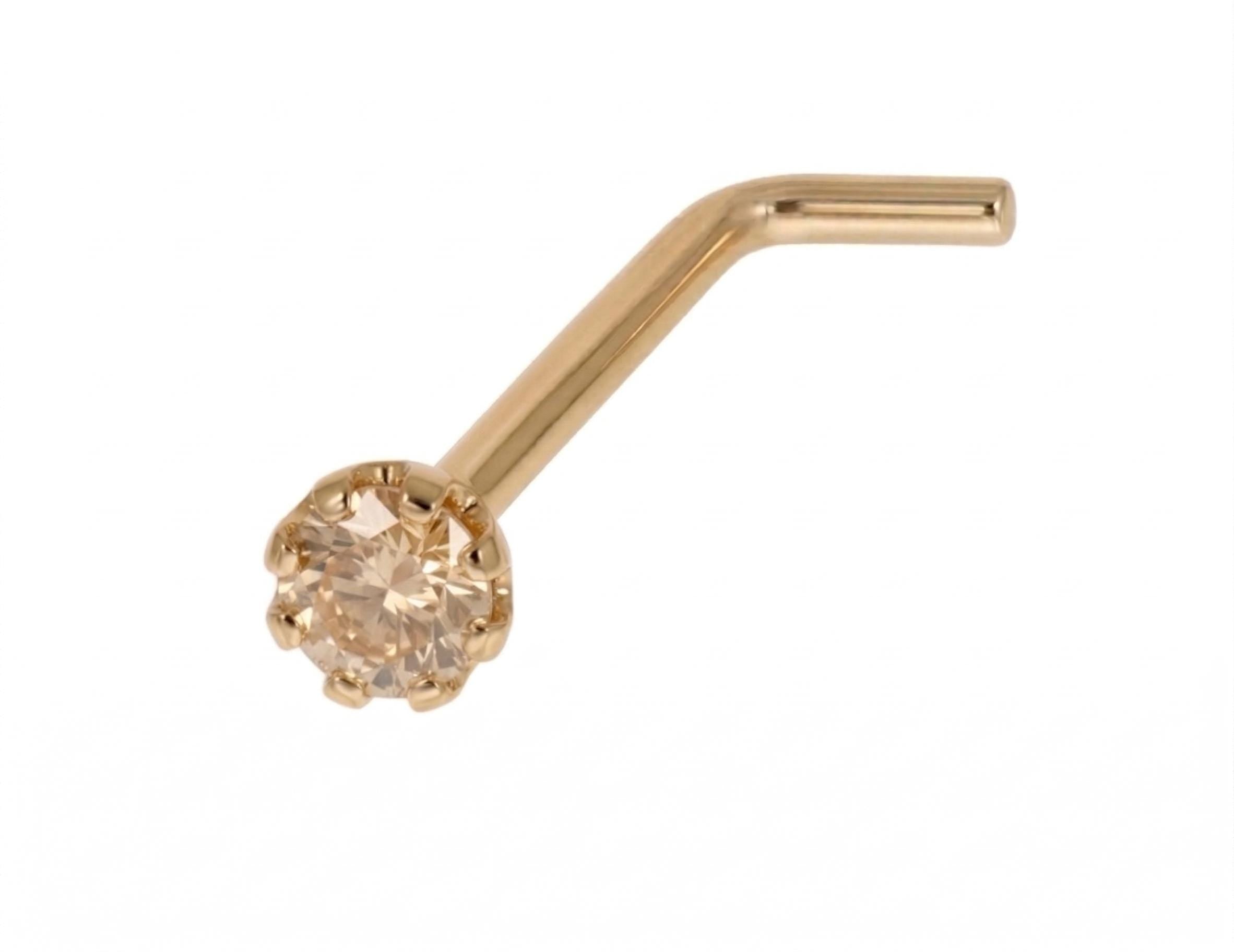 14K Solid Gold Nose Stud - Cubic zirconia, Yellow gold, Solid gold