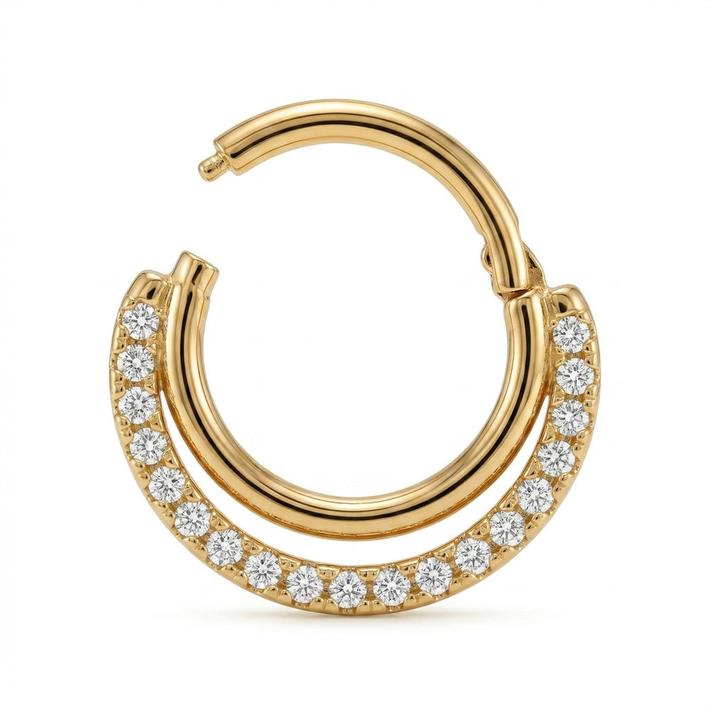 14K Solid Gold CZ Clicker Hoop - Cubic zirconia, Yellow gold, Solid gold