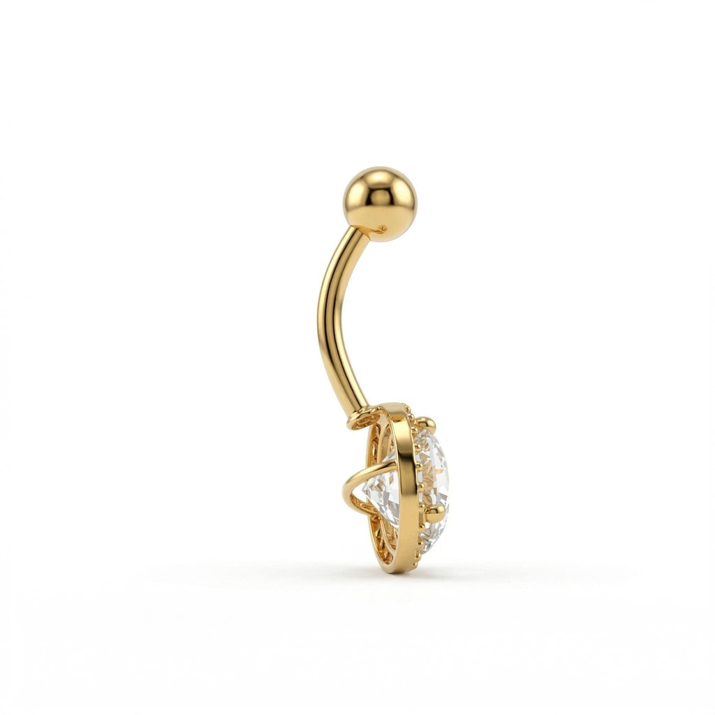 10K Solid Gold Belly Ring - Cubic zirconia, Yellow gold, Solid gold