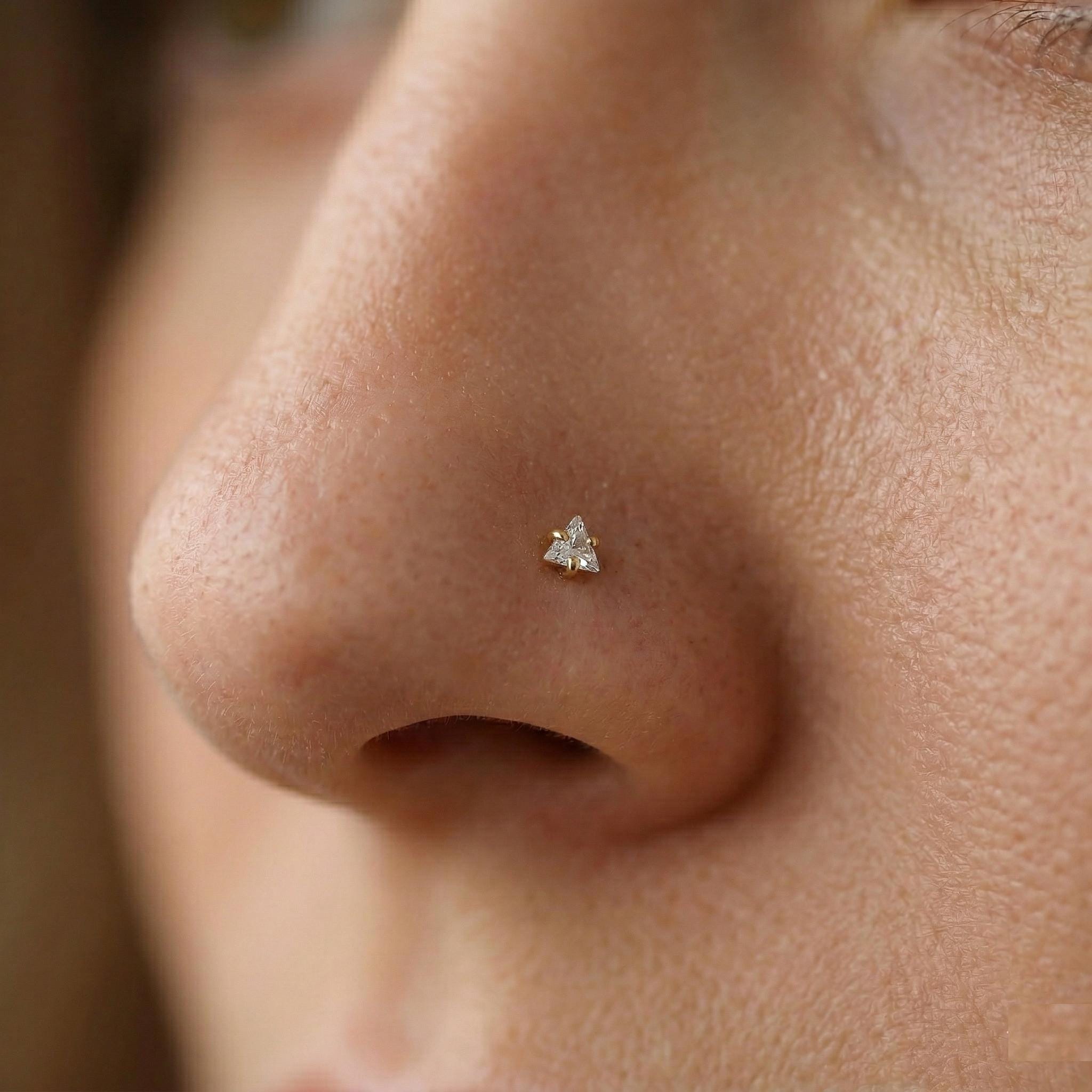10K Solid Gold Triangle Nose Stud - Cubic zirconia, Yellow gold, Solid gold