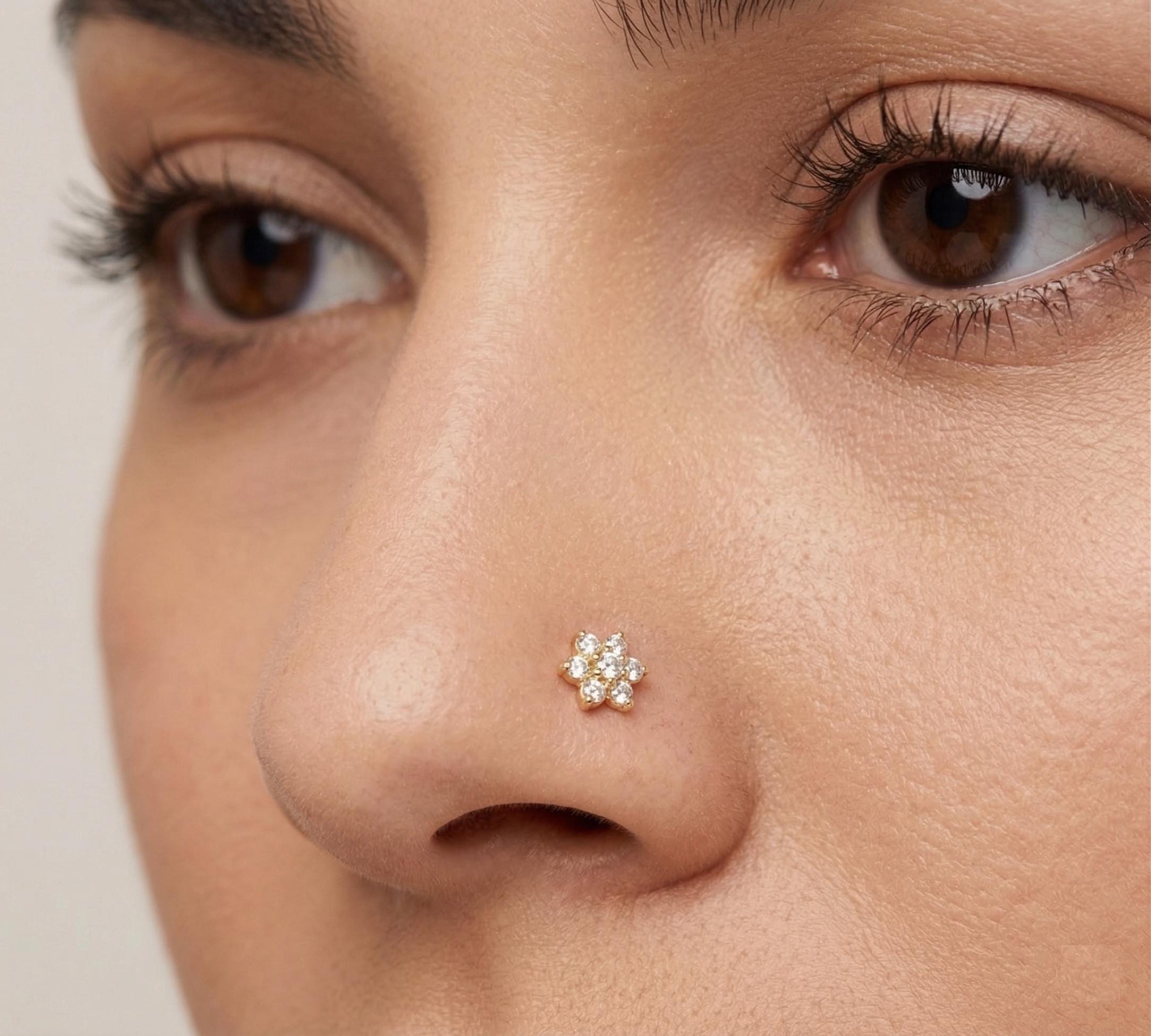 14K Solid Gold Nose Stud - Cubic zirconia, Yellow gold, Solid gold