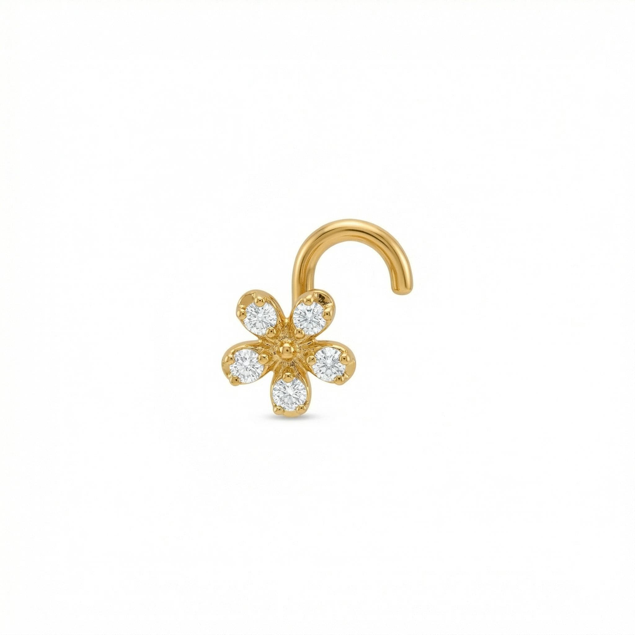 14K Solid Gold Flower Nose Stud - Cubic zirconia, Yellow gold, Solid gold