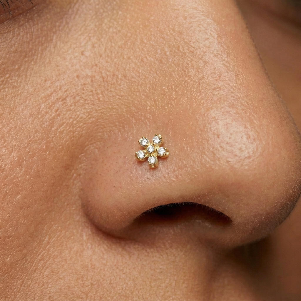 14K Solid Gold Flower Nose Stud - Cubic zirconia, Yellow gold, Solid gold