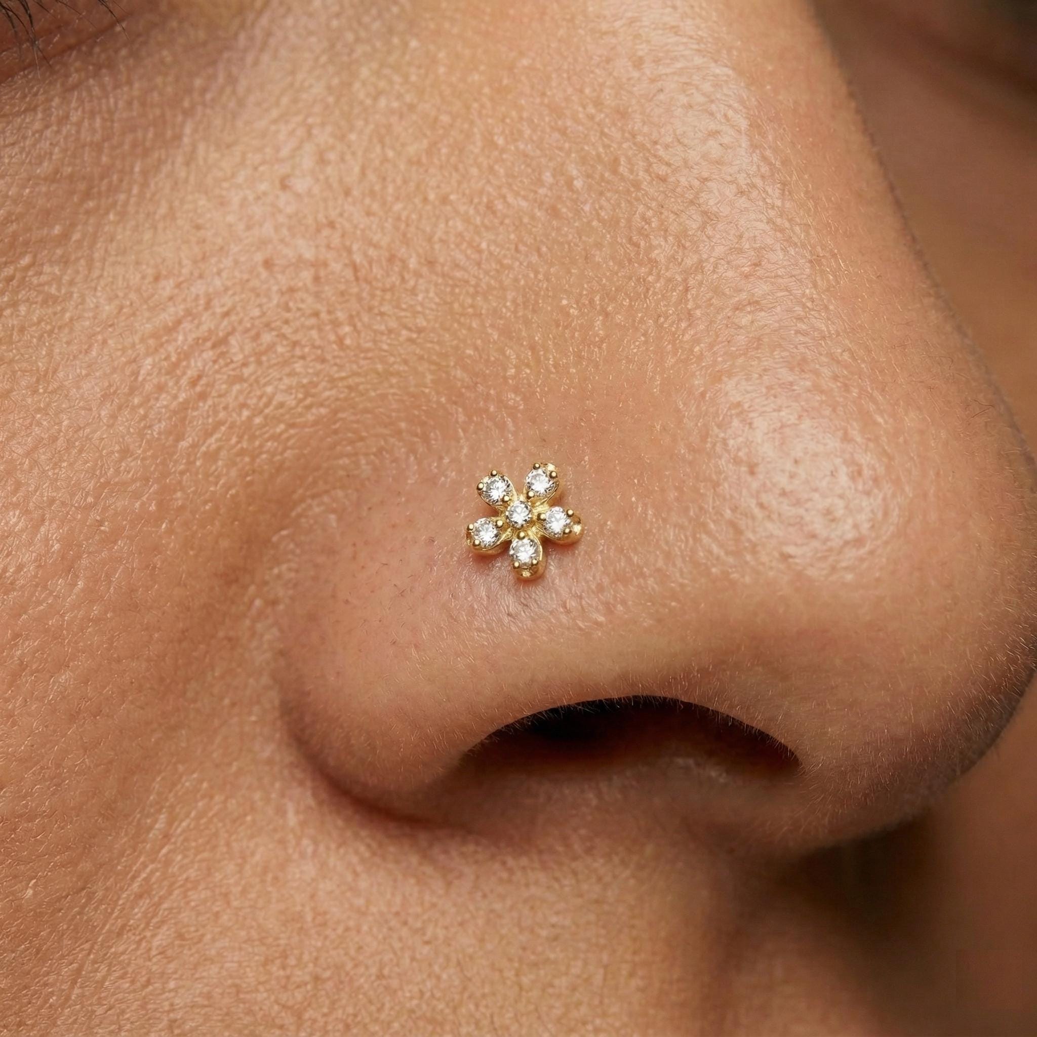 14K Solid Gold Flower Nose Stud - Cubic zirconia, Yellow gold, Solid gold