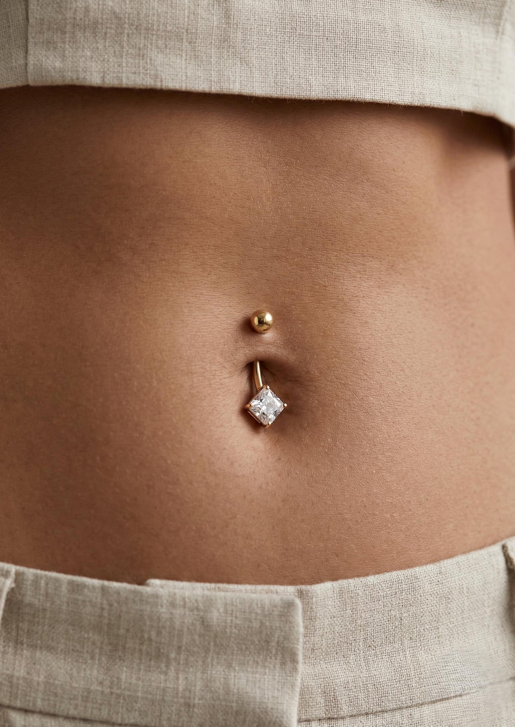 10K Solid Gold Belly Ring - Cubic zirconia, Yellow gold, Solid gold