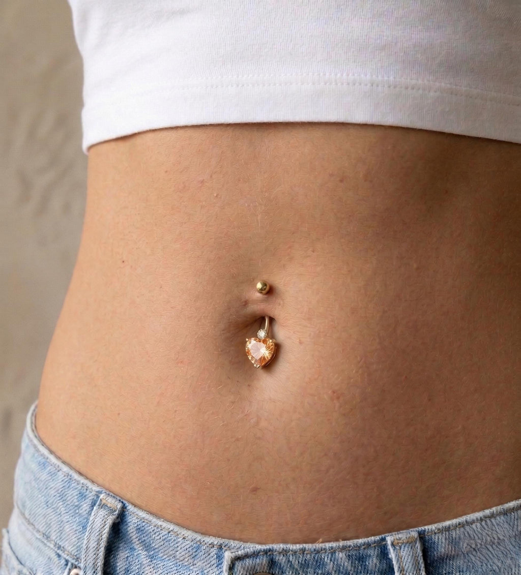 10K Solid Gold Heart Belly Ring - Yellow gold, Solid gold, 10k