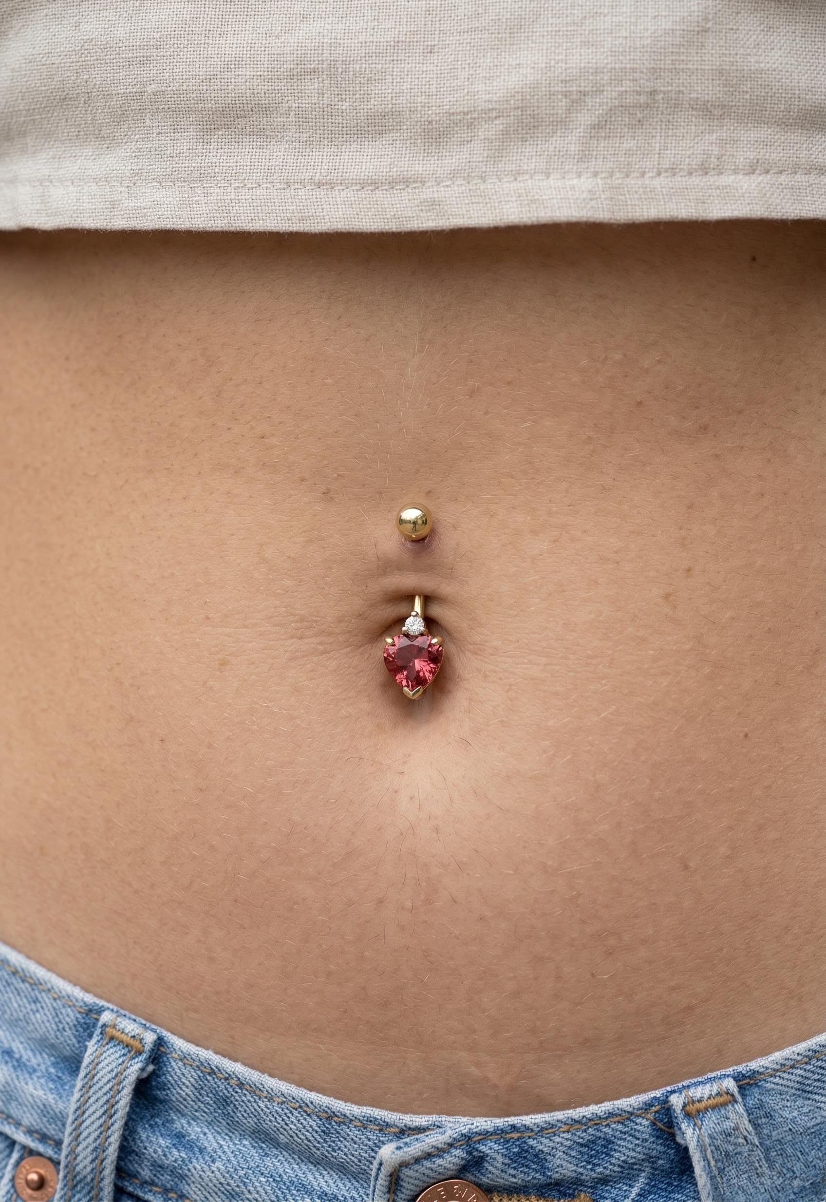 10K Solid Gold Heart Belly Ring - Yellow gold, Solid gold, 10k