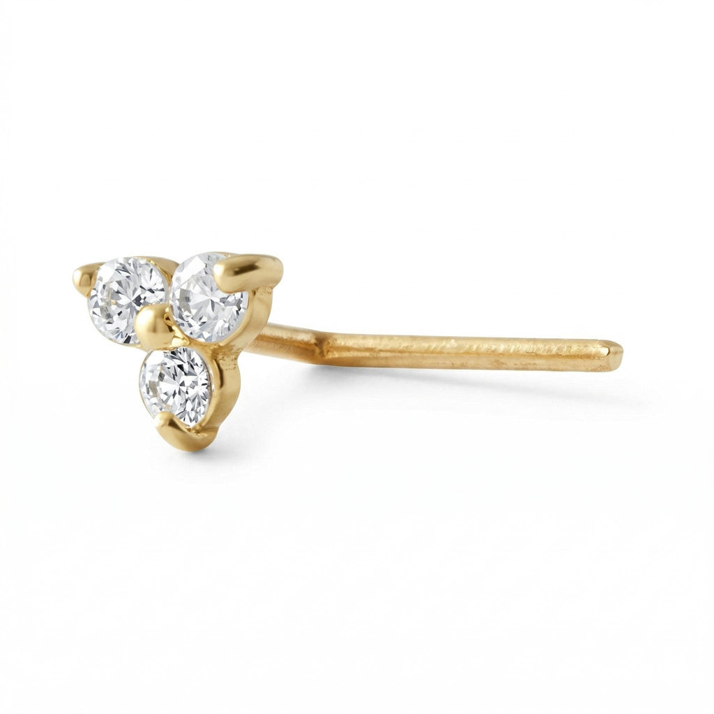 14K Solid Gold Trinity Nose Stud - Cubic zirconia, Yellow gold, Solid gold
