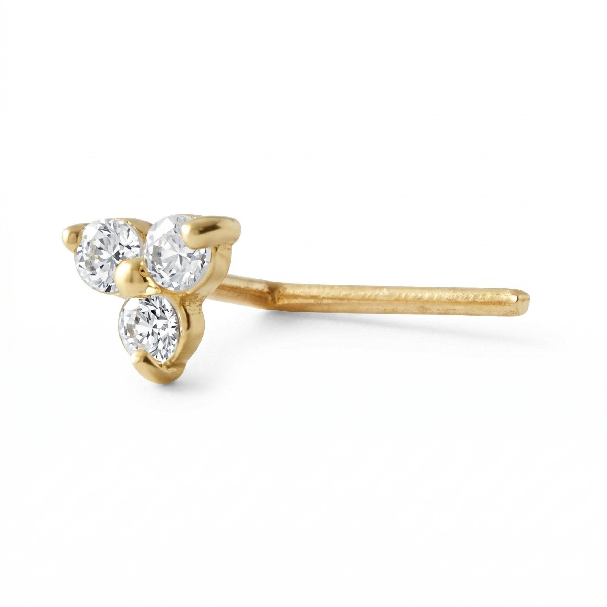 14K Solid Gold Trinity Nose Stud - Cubic zirconia, Yellow gold, Solid gold