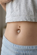 14K Solid Gold Flower Belly Ring - Cubic zirconia, Yellow gold, Solid gold