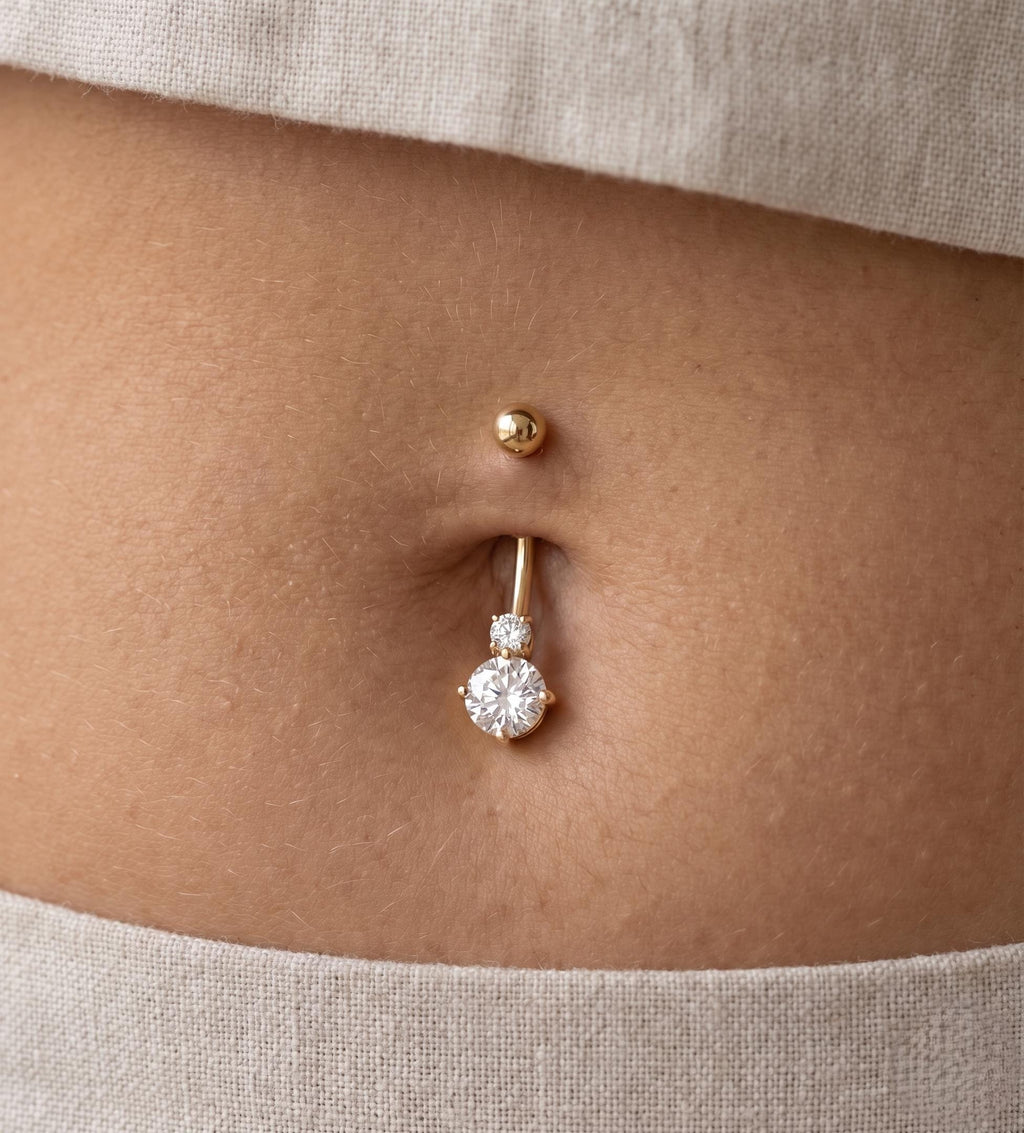 10K Solid Gold Belly Ring - Cubic zirconia, Yellow gold, Solid gold