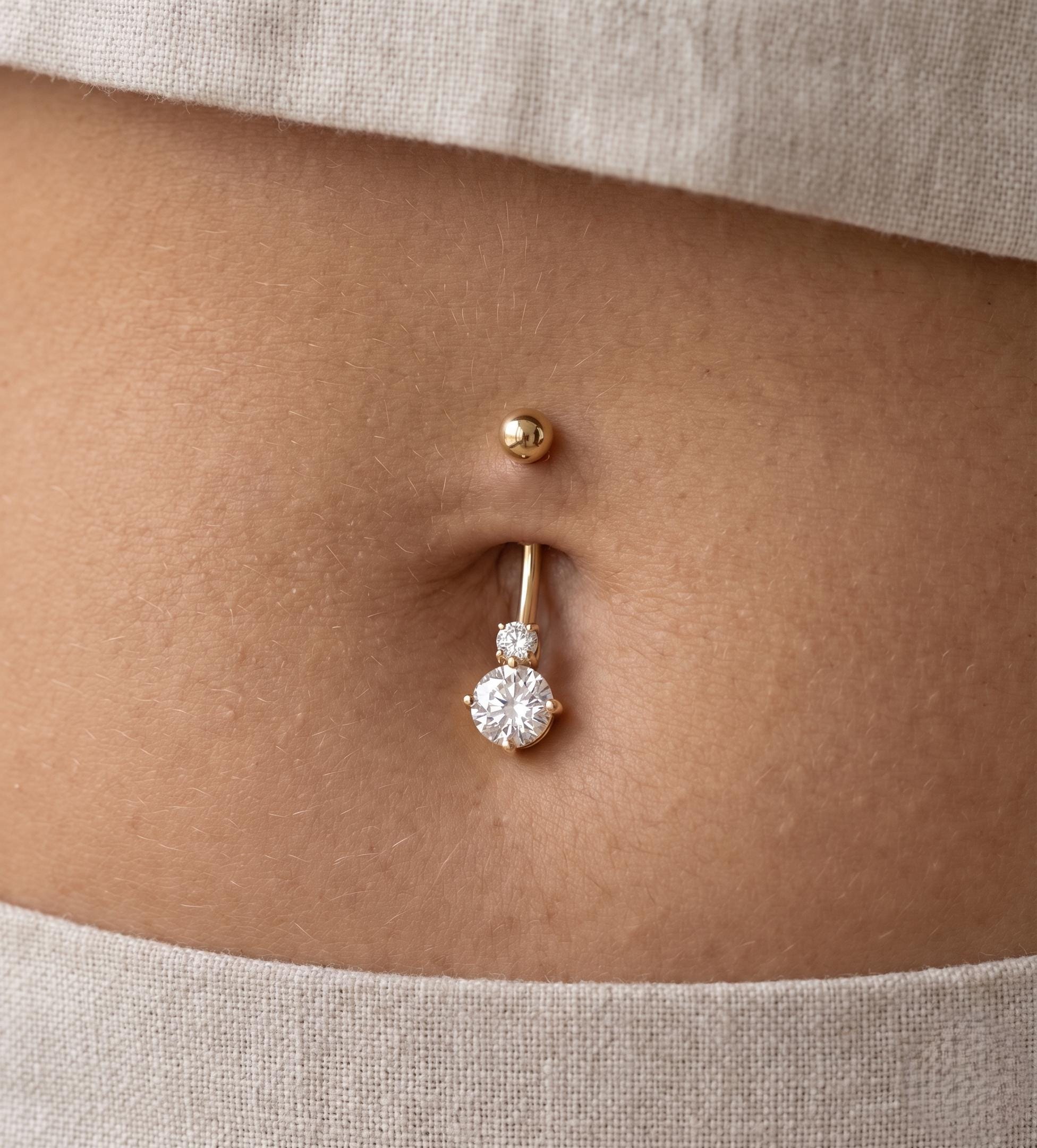 10K Solid Gold Belly Ring - Cubic zirconia, Yellow gold, Solid gold