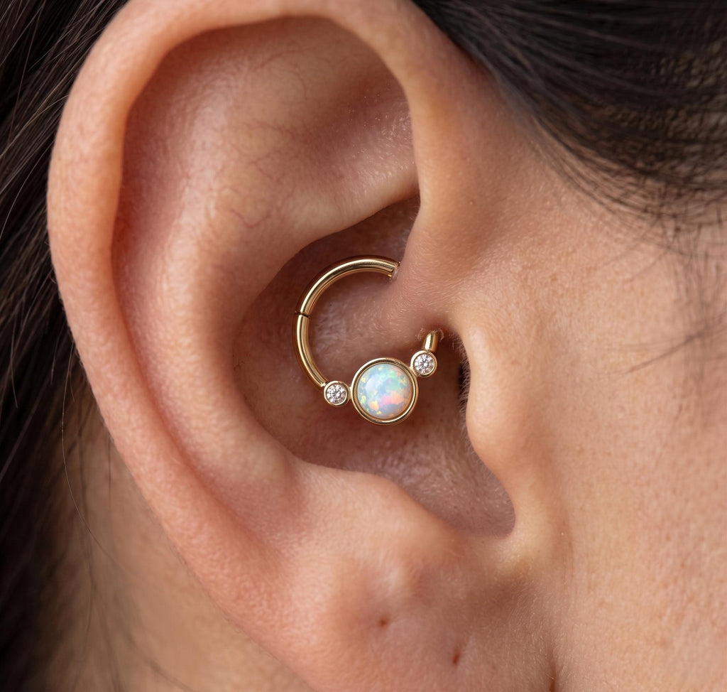 10K Solid Gold Opal Daith Ring with CZ - Opal, Yellow gold, Solid gold
