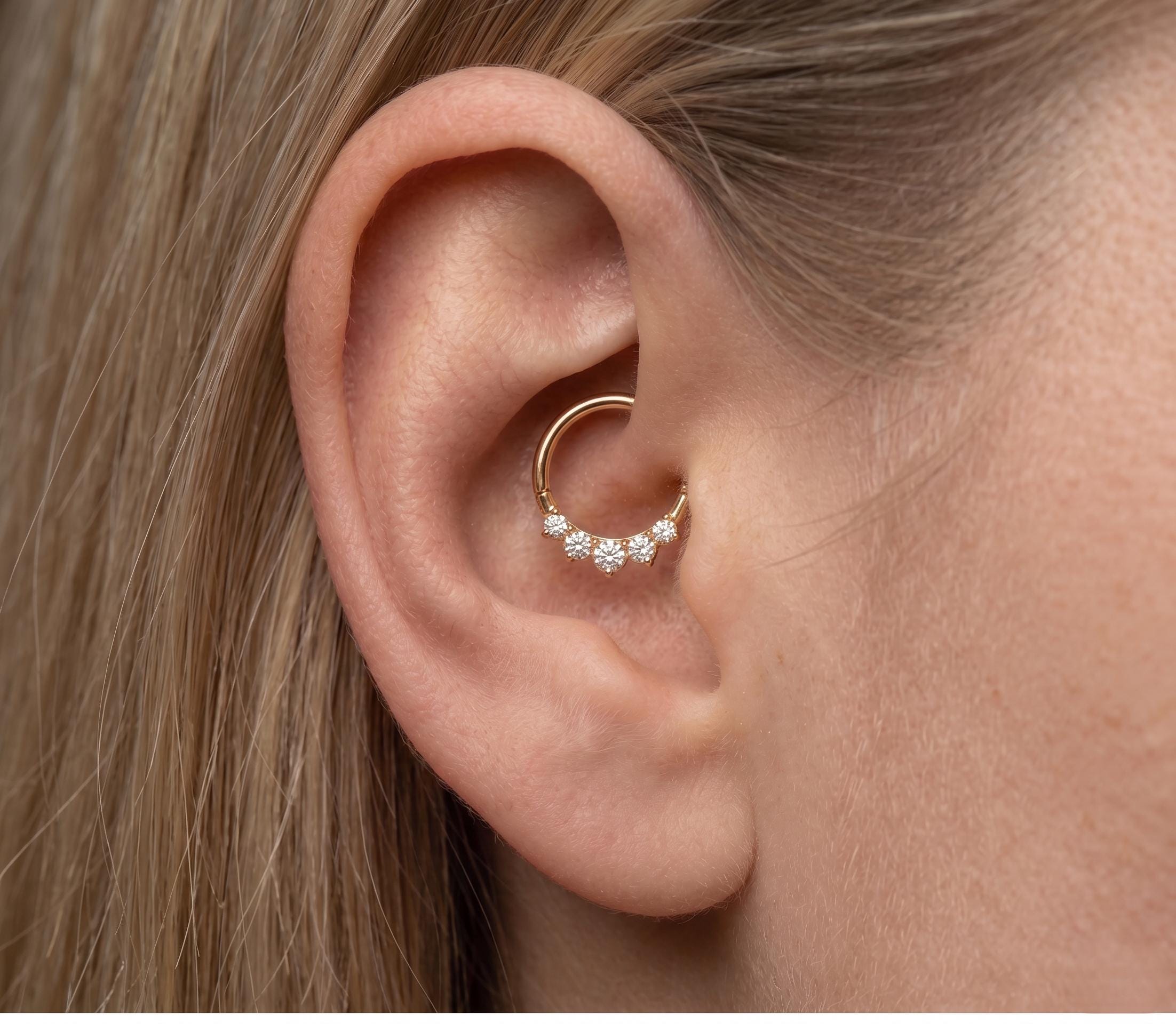 10K Solid Gold Daith Ring - Cubic zirconia, Yellow gold, Solid gold - 8mm Inner Diameter mL