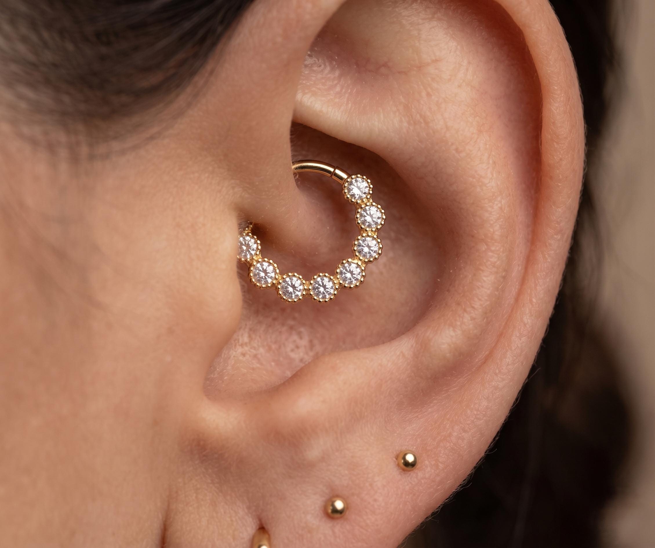 10K Solid Gold CZ Daith Ring - Cubic zirconia, Yellow gold, Solid gold