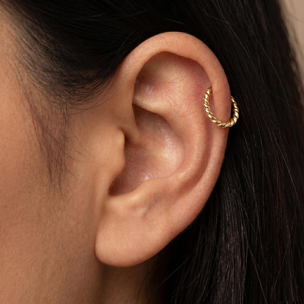 14K Solid Gold Rope Clicker Hoop - Yellow gold, Solid gold, 14k