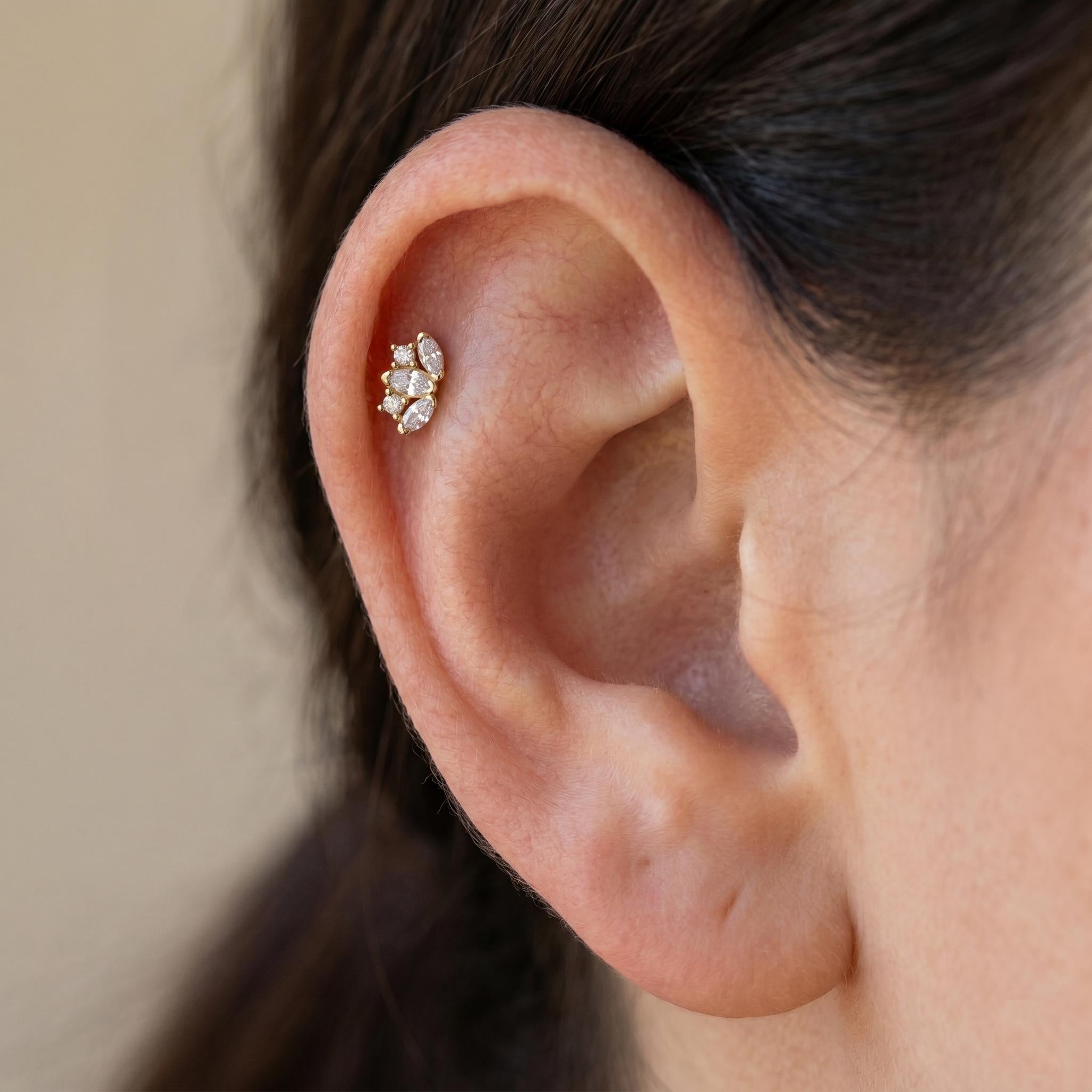 14K Solid Gold Flat Back Earring - Cubic zirconia, Yellow gold, Solid gold