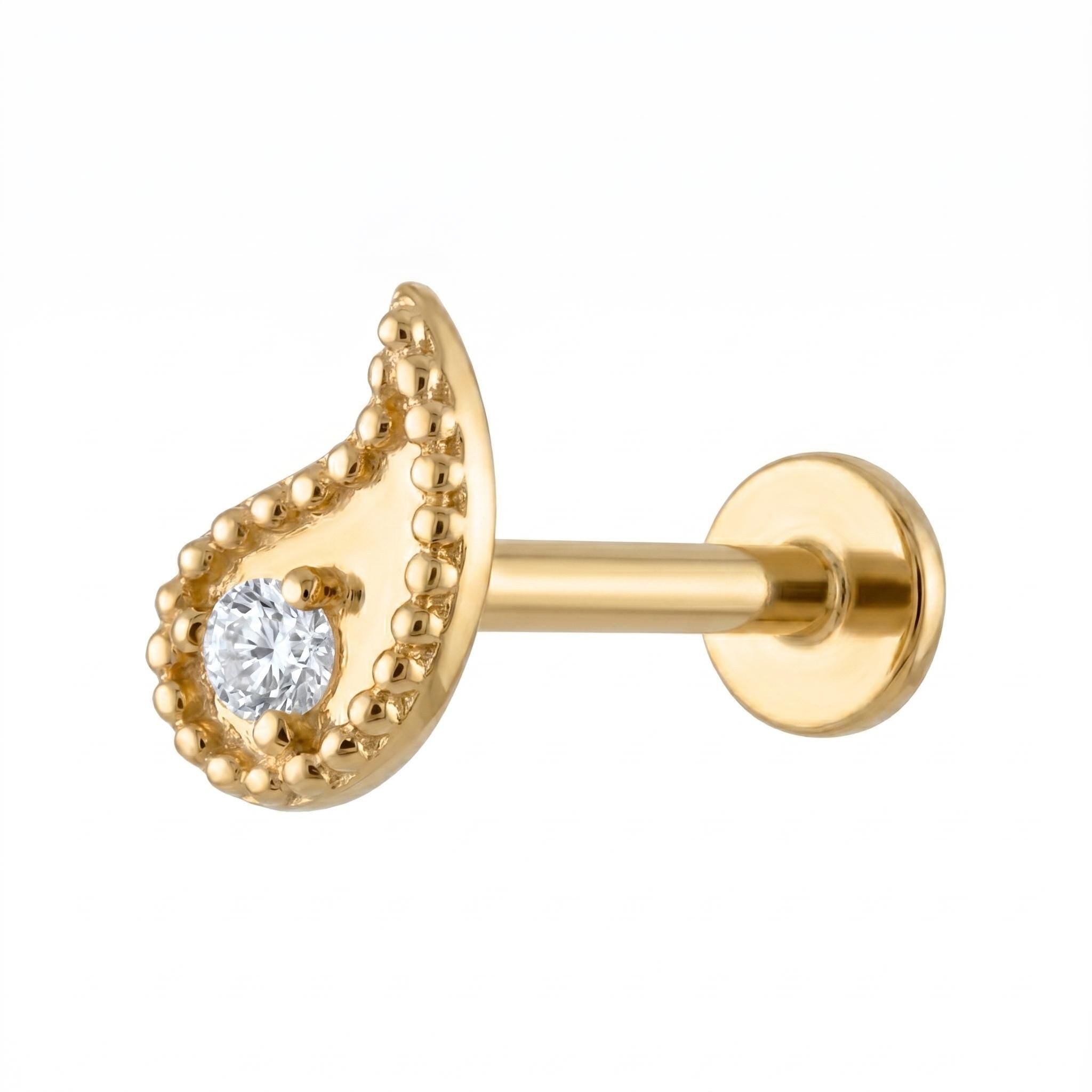 14K Solid Gold Flat Back Earring - Cubic zirconia, Yellow gold, Solid gold