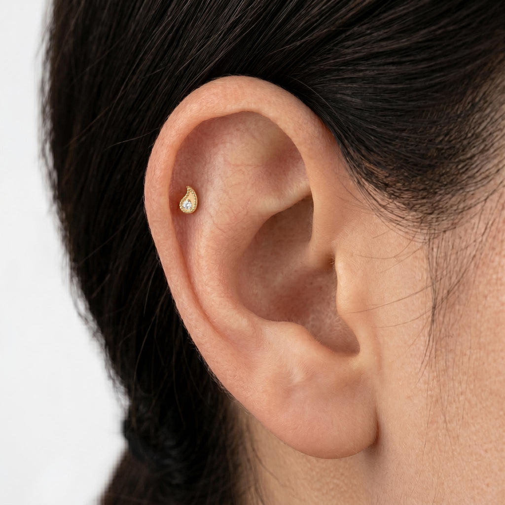 14K Solid Gold Flat Back Earring - Cubic zirconia, Yellow gold, Solid gold