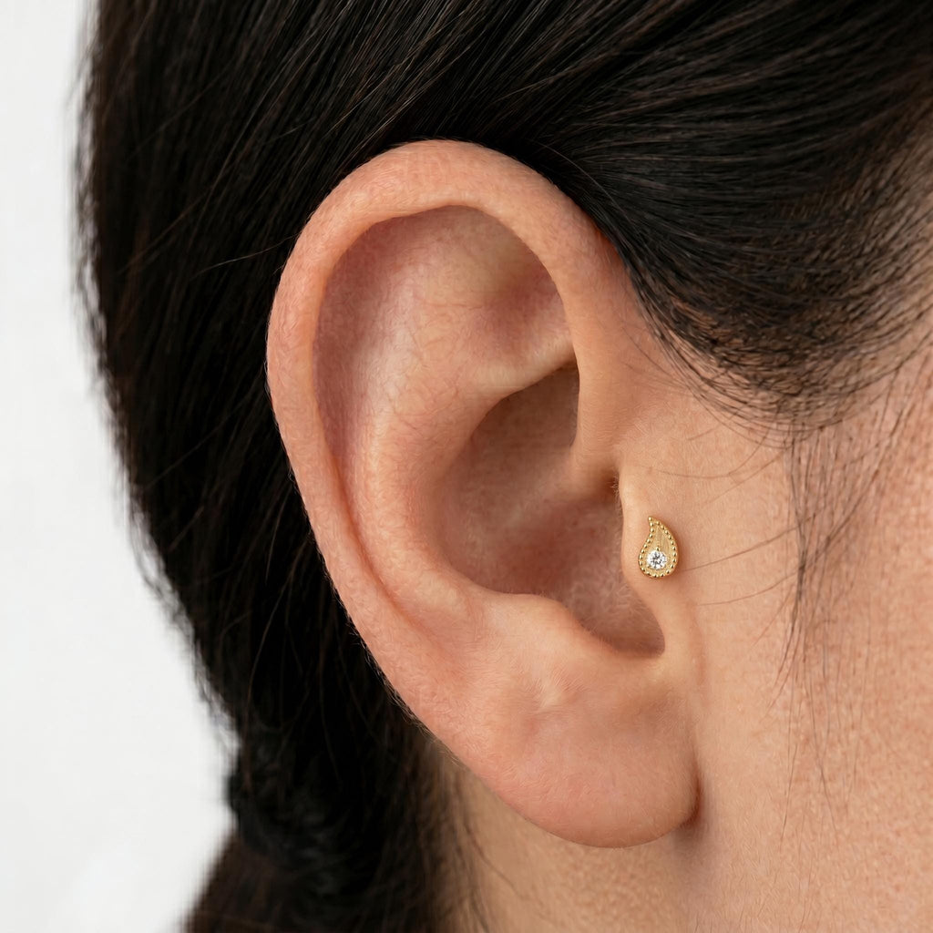 14K Solid Gold Flat Back Earring - Cubic zirconia, Yellow gold, Solid gold