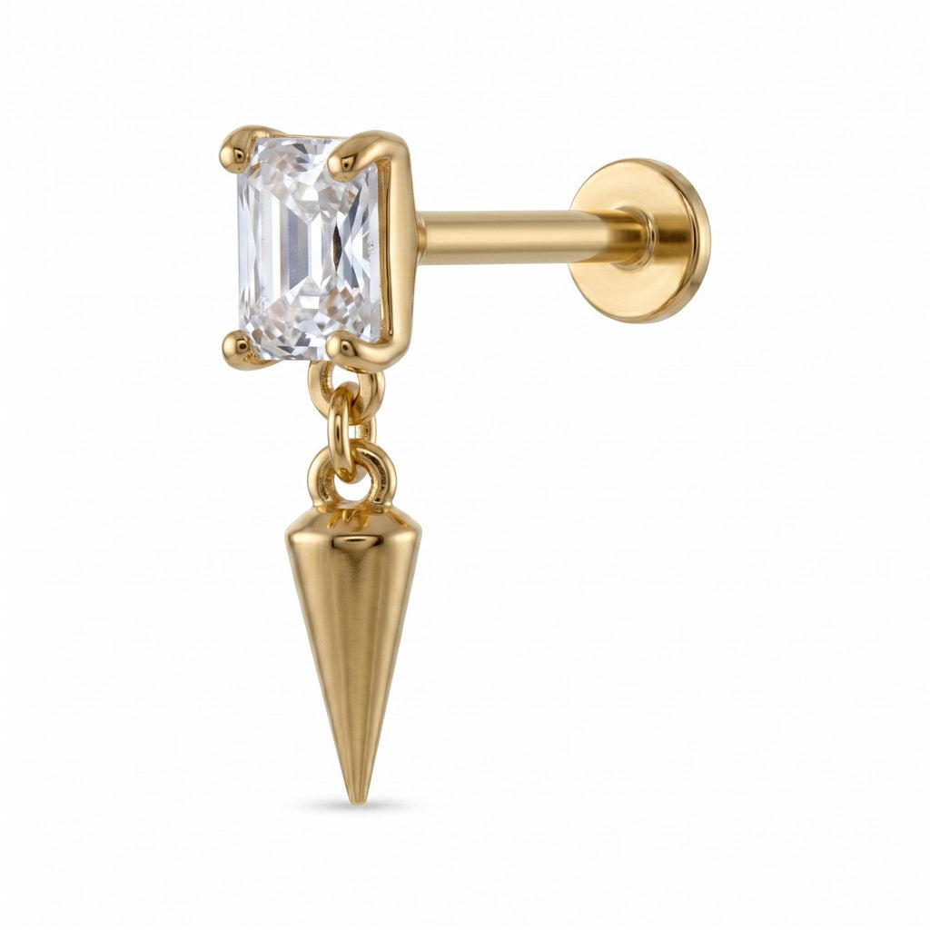 14K Solid Gold Flat Back Earring - Cubic zirconia, Yellow gold, Solid gold
