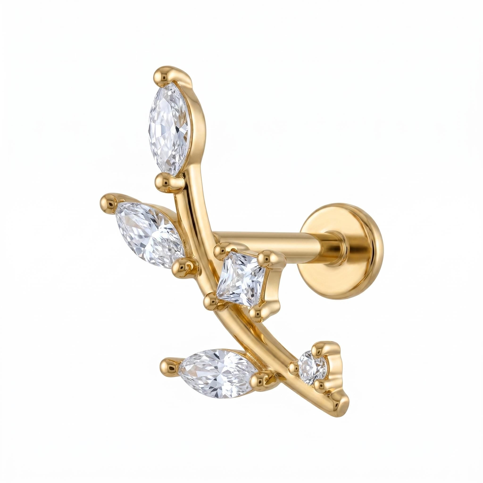 14K Solid Gold Flat Back Earring - Cubic zirconia, Yellow gold, Solid gold