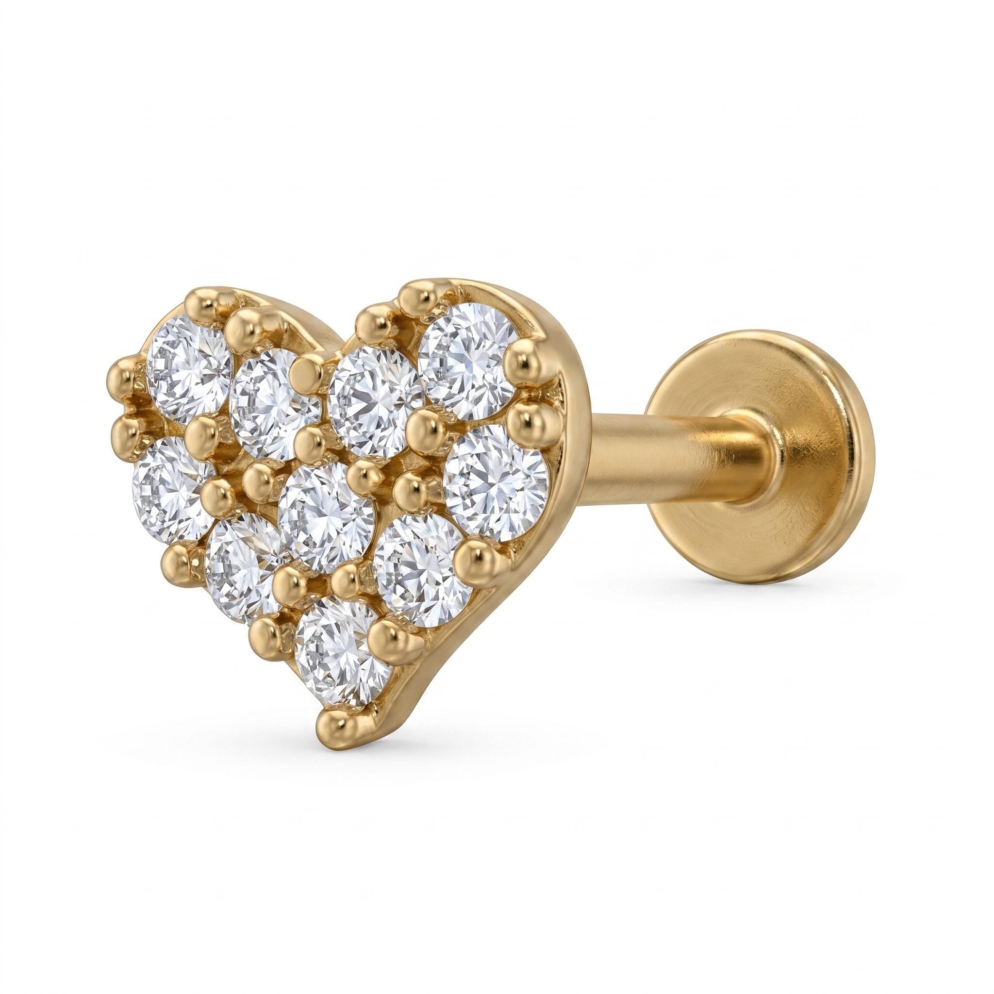 14K Solid Gold Flat Back Heart Earring - Cubic zirconia, Yellow gold, Solid gold