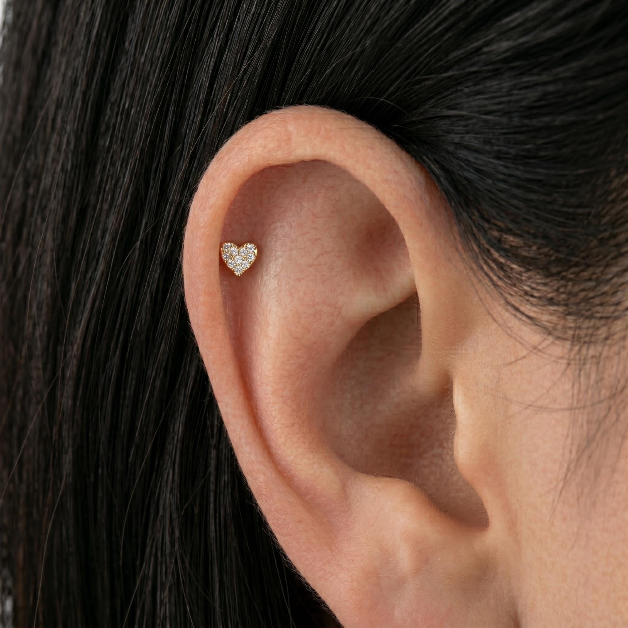 14K Solid Gold Flat Back Heart Earring - Cubic zirconia, Yellow gold, Solid gold