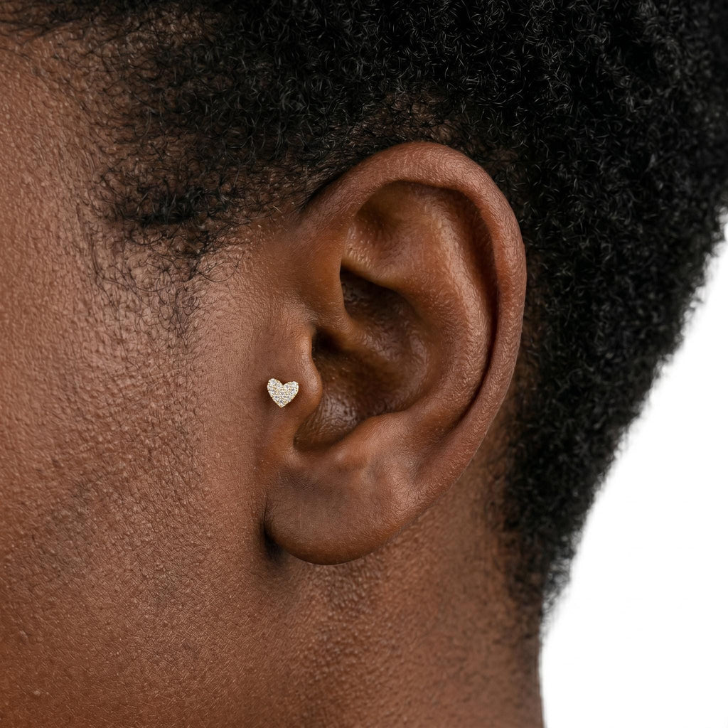 14K Solid Gold Flat Back Heart Earring - Cubic zirconia, Yellow gold, Solid gold