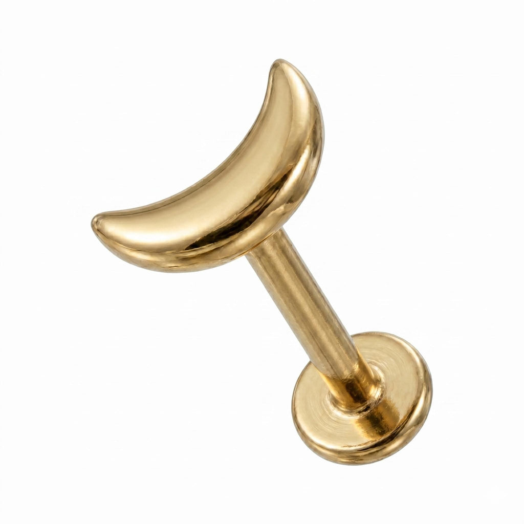 14K Solid Gold Crescent Moon Flat Back Earring - Yellow gold, Solid gold, 14k