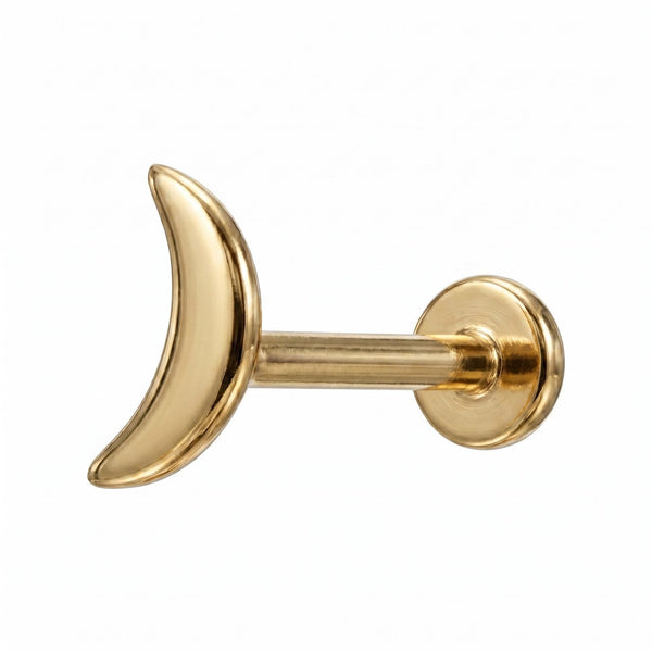14K Solid Gold Crescent Moon Flat Back Earring - Yellow gold, Solid gold, 14k