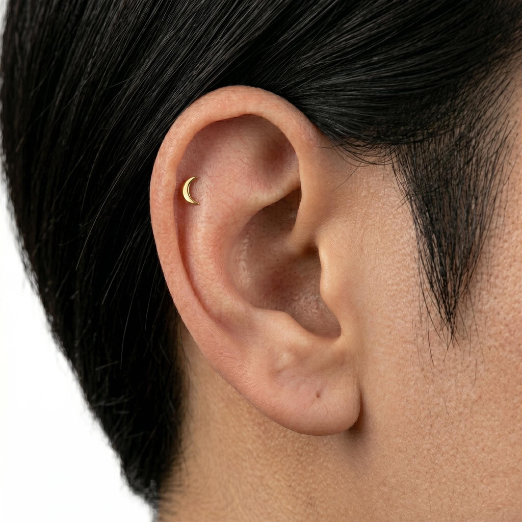 14K Solid Gold Crescent Moon Flat Back Earring - Yellow gold, Solid gold, 14k