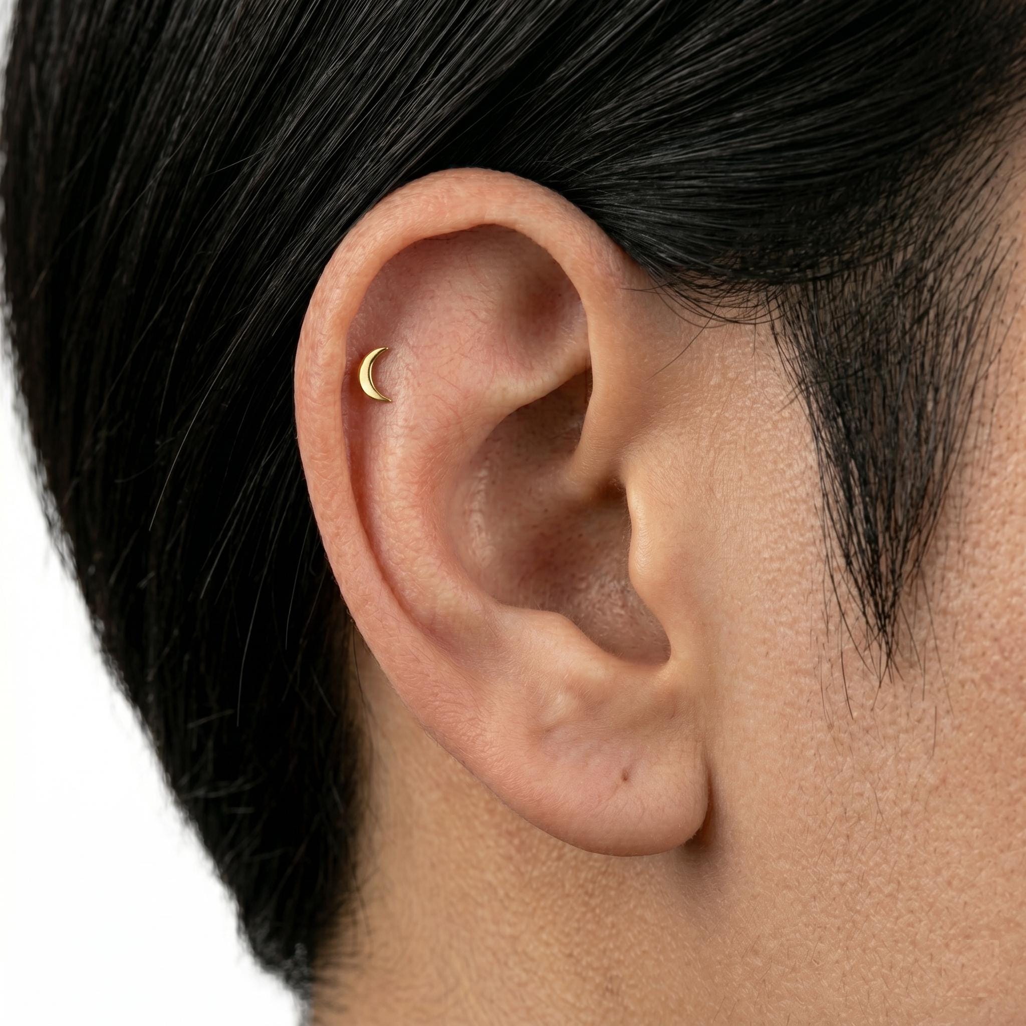 14K Solid Gold Crescent Moon Flat Back Earring - Yellow gold, Solid gold, 14k