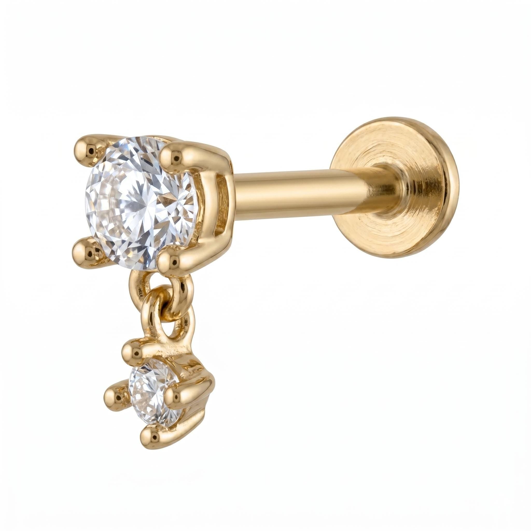 14K Solid Gold CZ Dangle Flat Back Earring - Cubic zirconia, Yellow gold, Solid gold