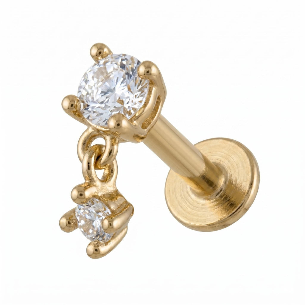 14K Solid Gold CZ Dangle Flat Back Earring - Cubic zirconia, Yellow gold, Solid gold