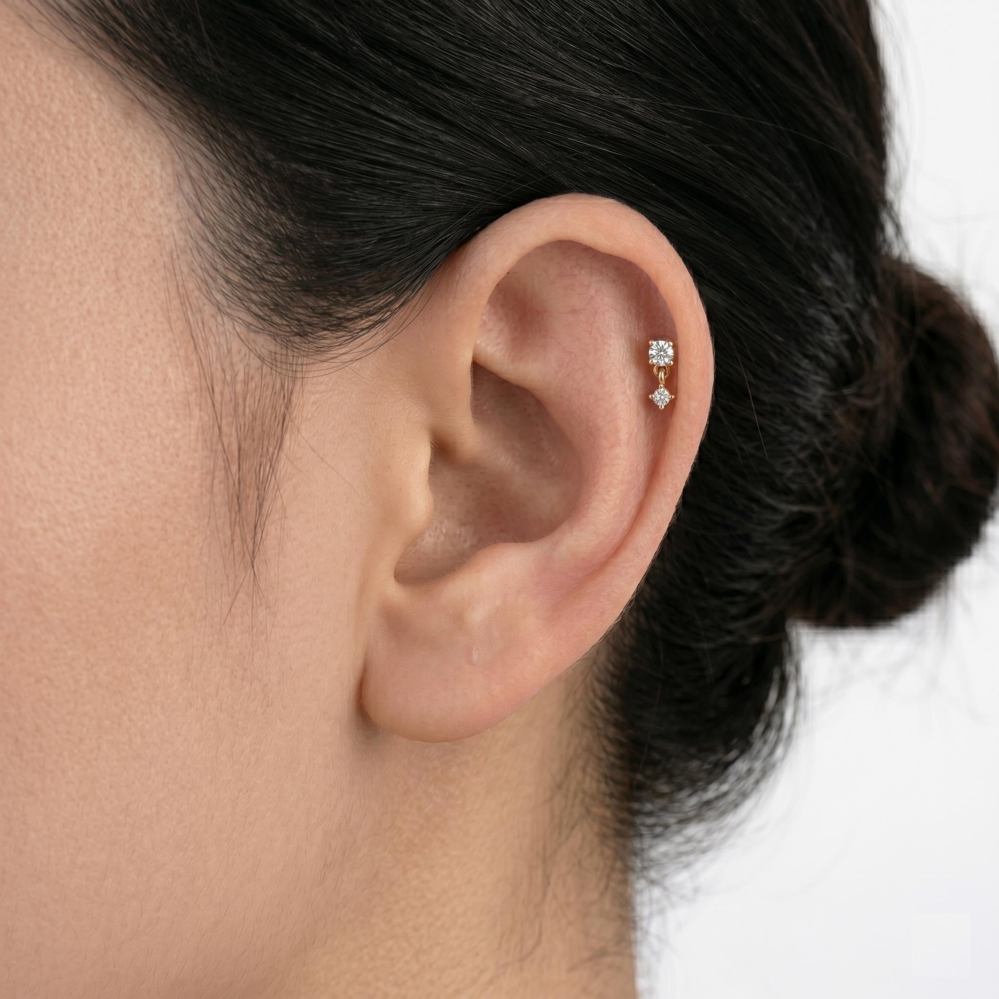 14K Solid Gold CZ Dangle Flat Back Earring - Cubic zirconia, Yellow gold, Solid gold