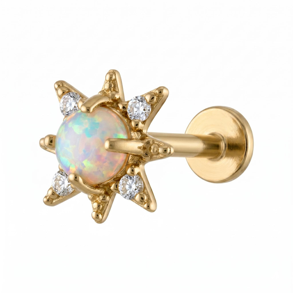 14K Solid Gold Opal CZ Starburst Flat Back Earring - Opal, Yellow gold, Solid gold