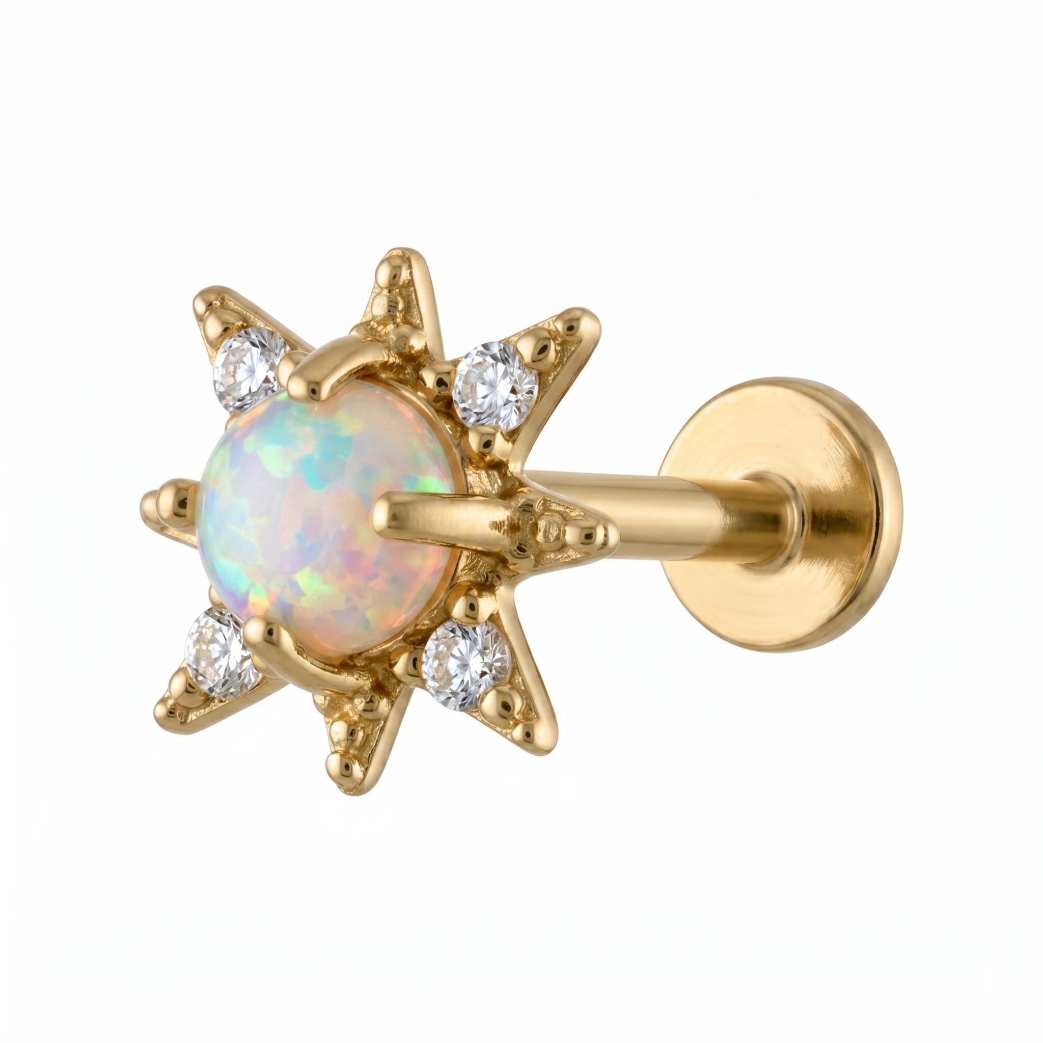 14K Solid Gold Opal CZ Starburst Flat Back Earring - Opal, Yellow gold, Solid gold