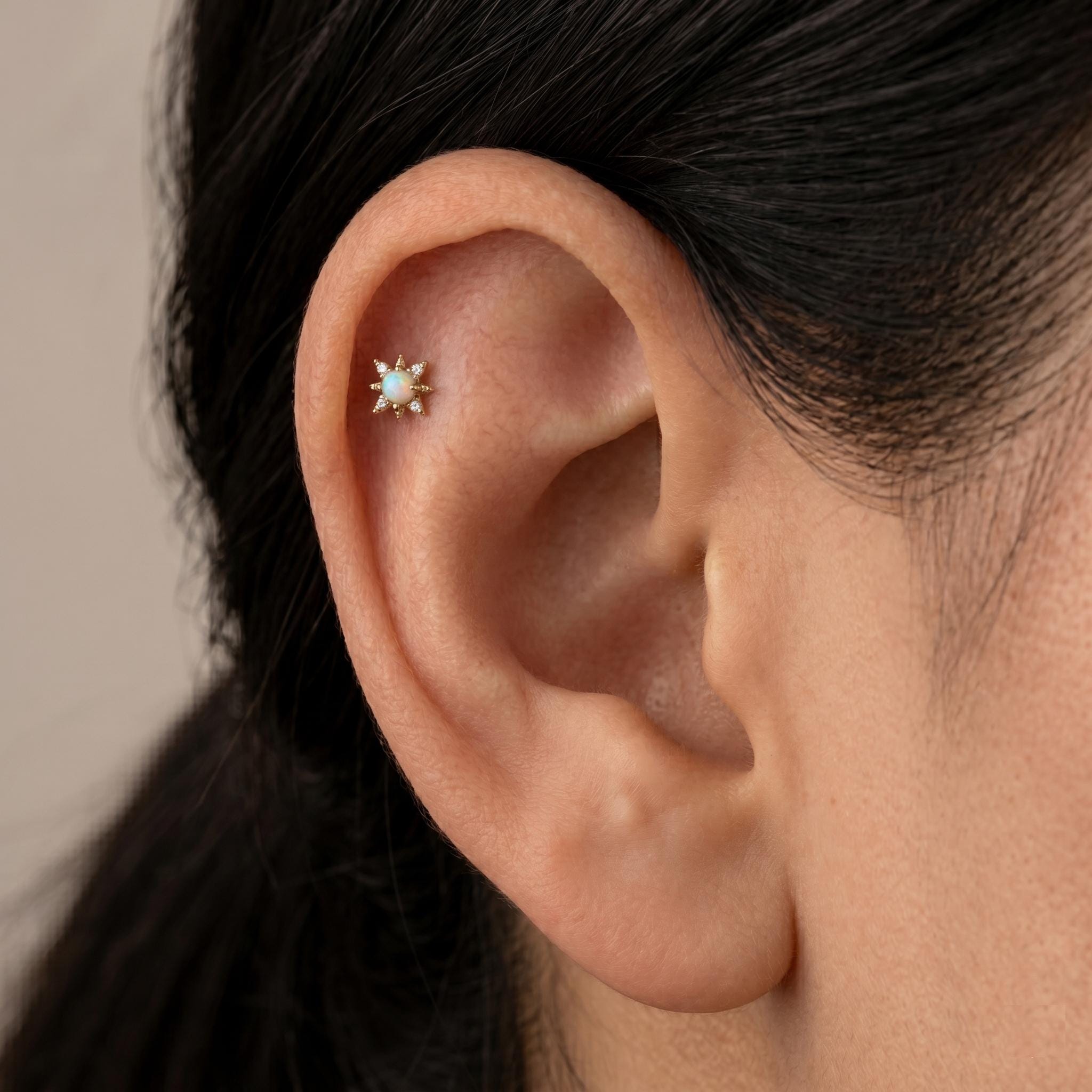 14K Solid Gold Opal CZ Starburst Flat Back Earring - Opal, Yellow gold, Solid gold