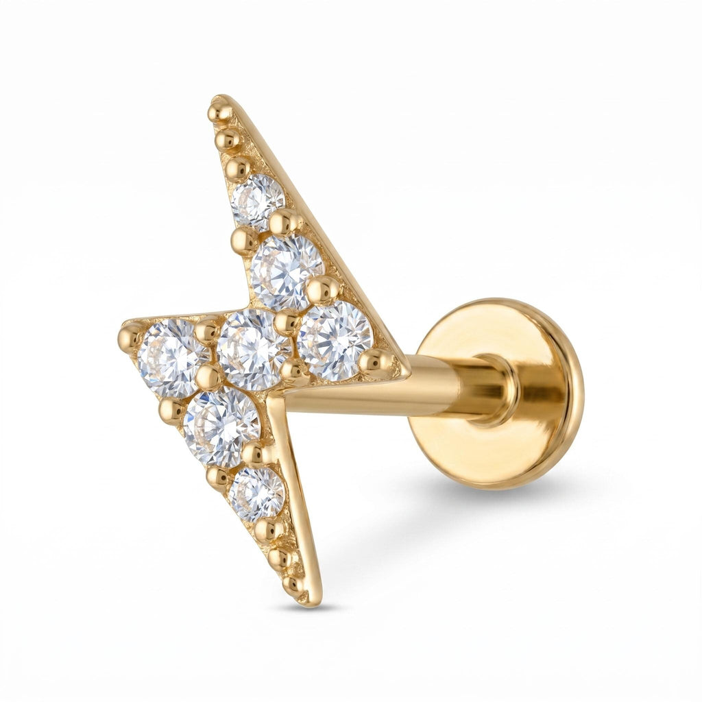 14K Solid Gold Lightning Bolt CZ Flat Back Earring - Cubic zirconia, Yellow gold, Solid gold