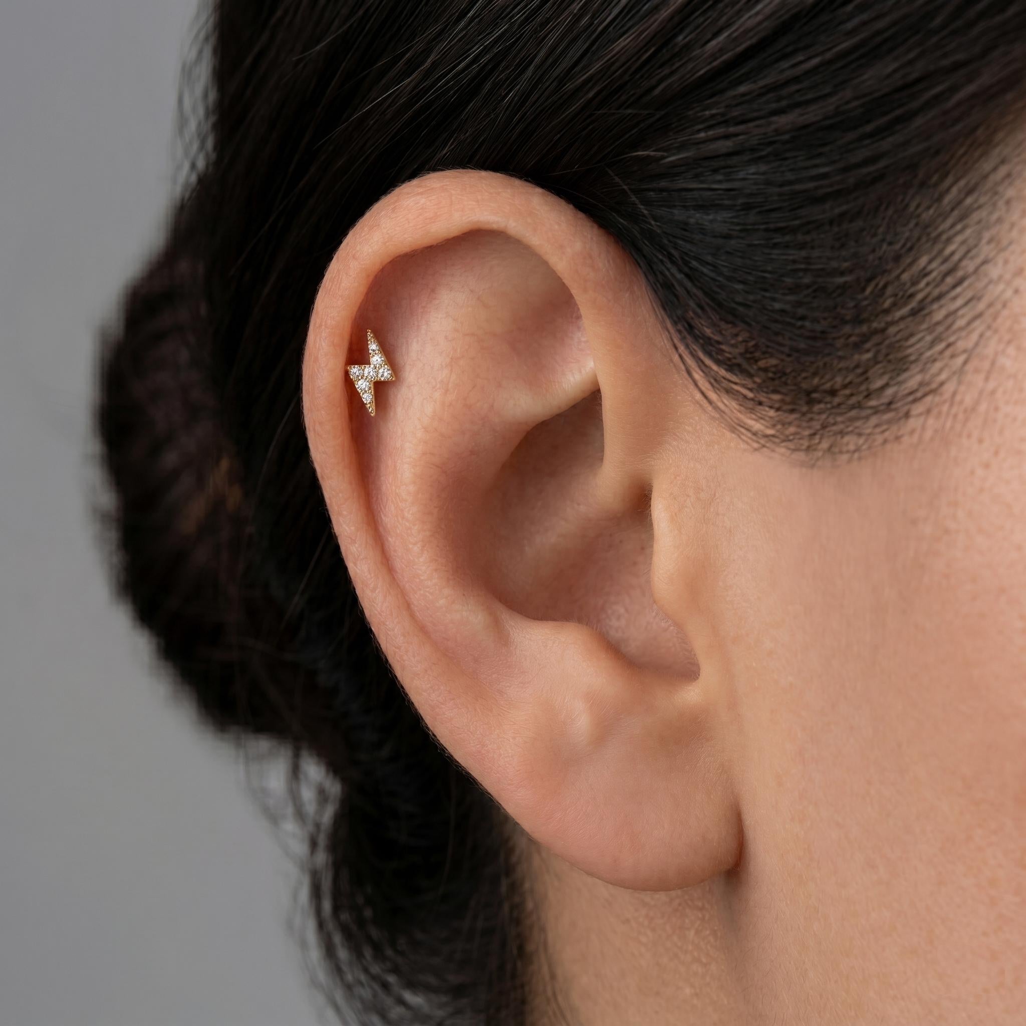 14K Solid Gold Lightning Bolt CZ Flat Back Earring - Cubic zirconia, Yellow gold, Solid gold
